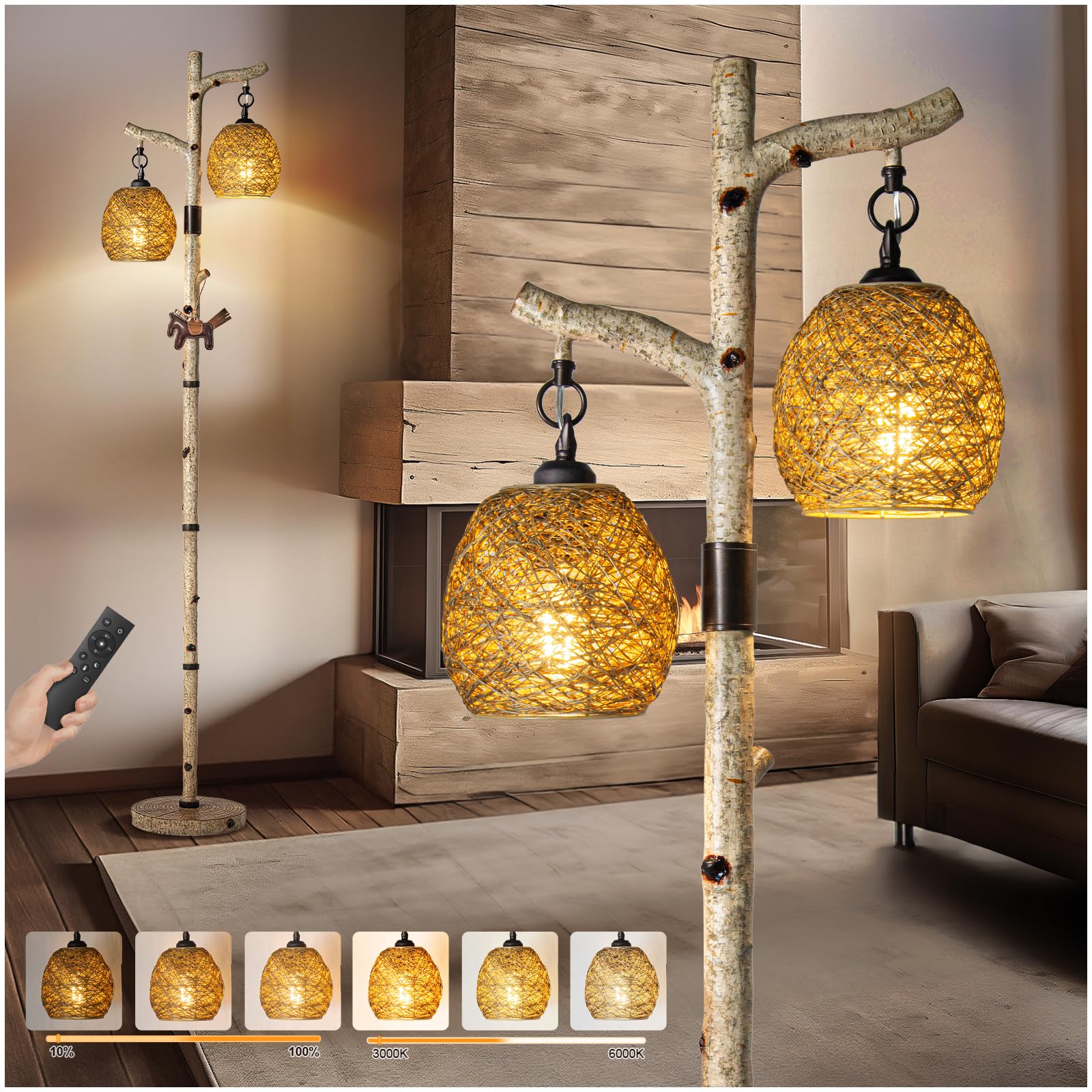 68.5'' Rustic Farmhouse Remote Control Switch Birch Tree Floor lamp with Bird Nest Lantern Shade Vintage Standing Lamp for Livin
