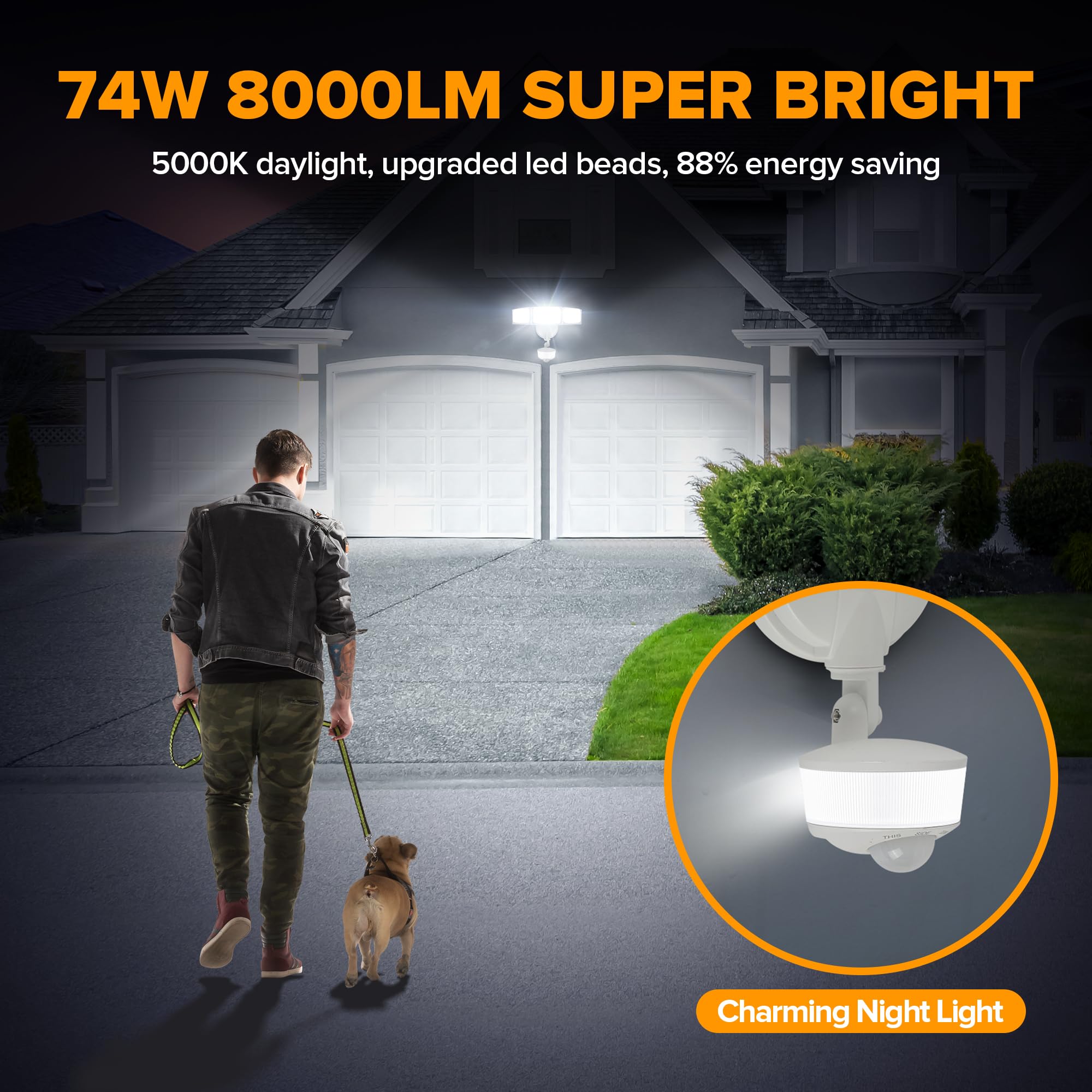 LUTEC 74W LED Motion Sensor Flood Light, 8000 Lumen, 5000K Daylight, Waterproof, Outdoor Security Light, White