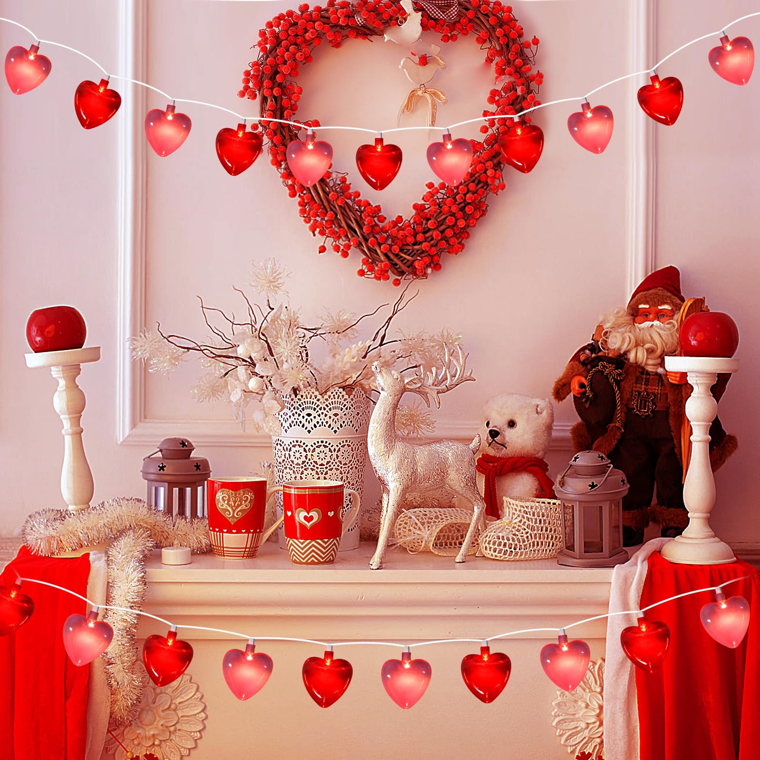 8.5Ft Valentines Decorations Lights, Red & Pink Heart String Lights With 10 Led Clear Red And Pink Heart Lights, Connectable Rom