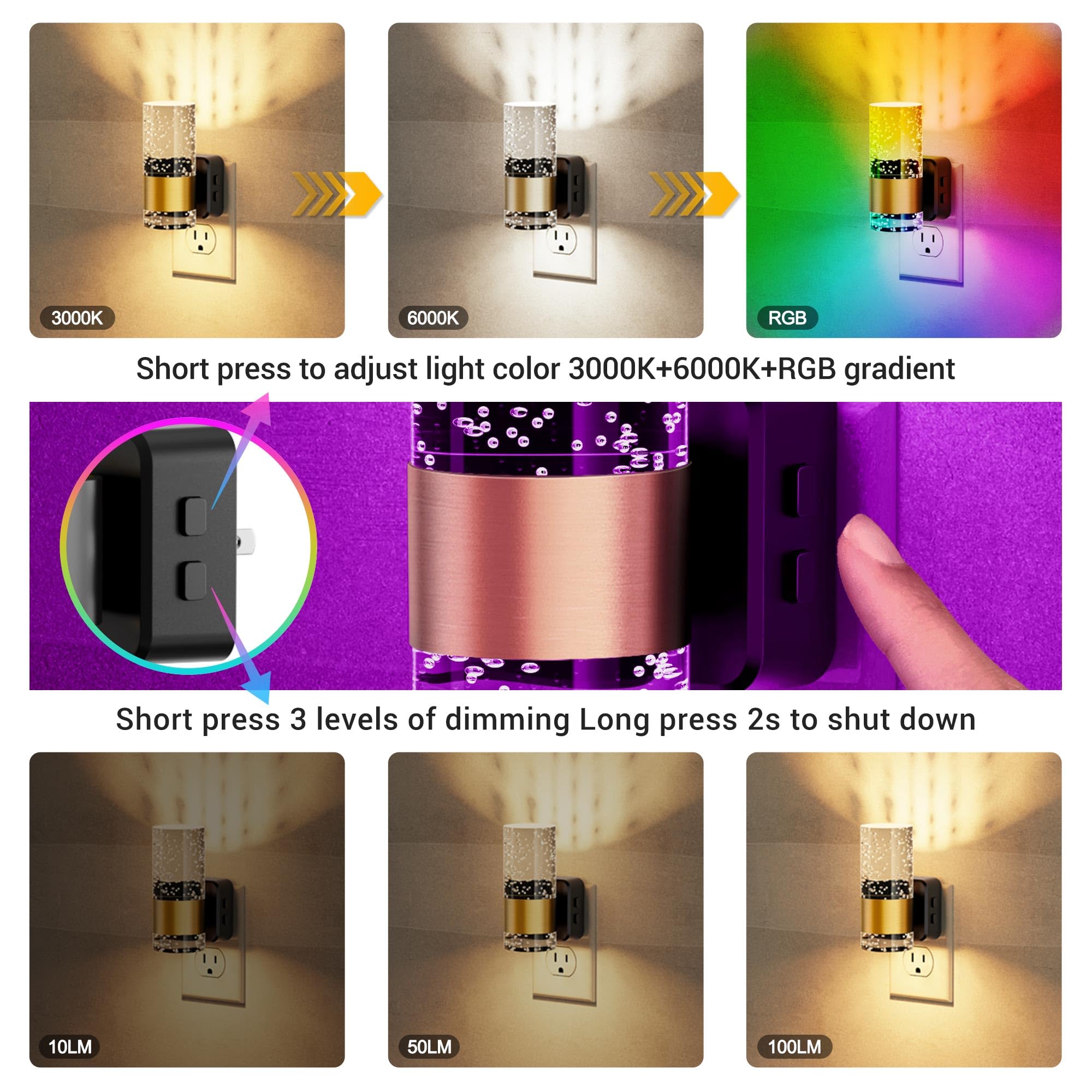 Jandcase Night Lights Plug Into Wall,2 Pack Color Changing Night Light For Kids With 1 Remote Control, 3000K+Rgb Led Nightlight