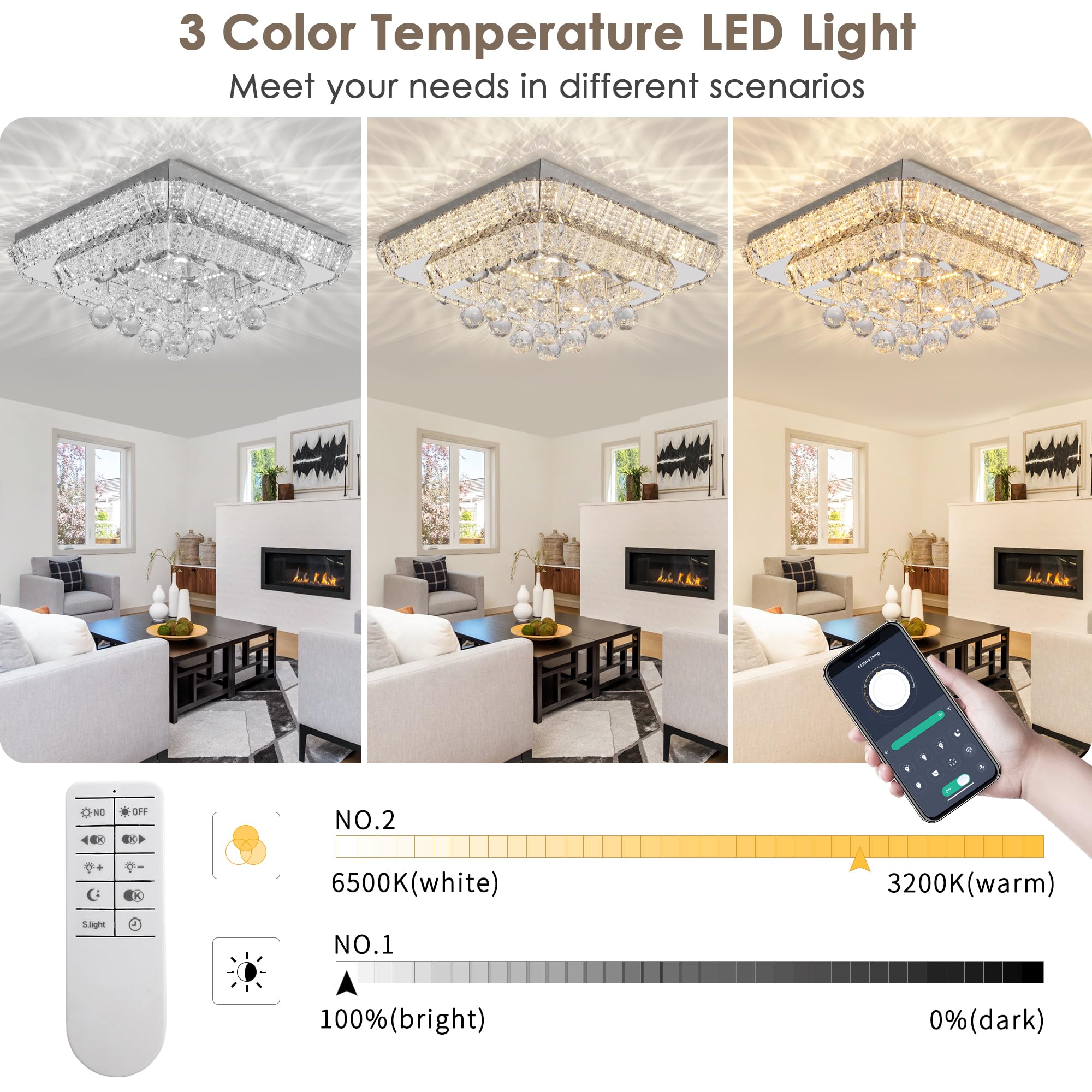REDSTAR 18" Crystal Ceiling Light Flush Mount, Remote Control, Adjustable Brightness, Silver Stainless Steel, Model A228-18in-1