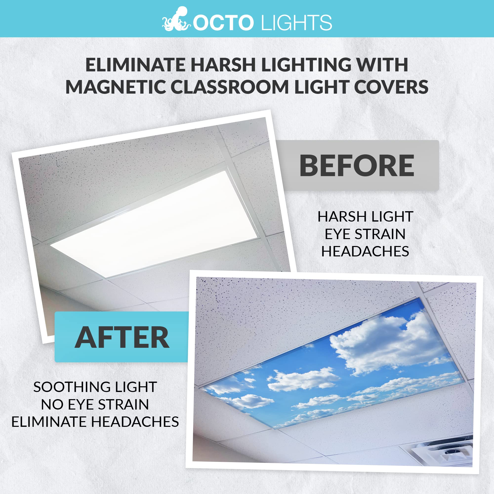 OCTO LIGHTS Magnetic Light Cover for Ceiling Lights - 2x4, Backlit Film, Cumulus Mediocris, Model CLD-001-MGT-2x4