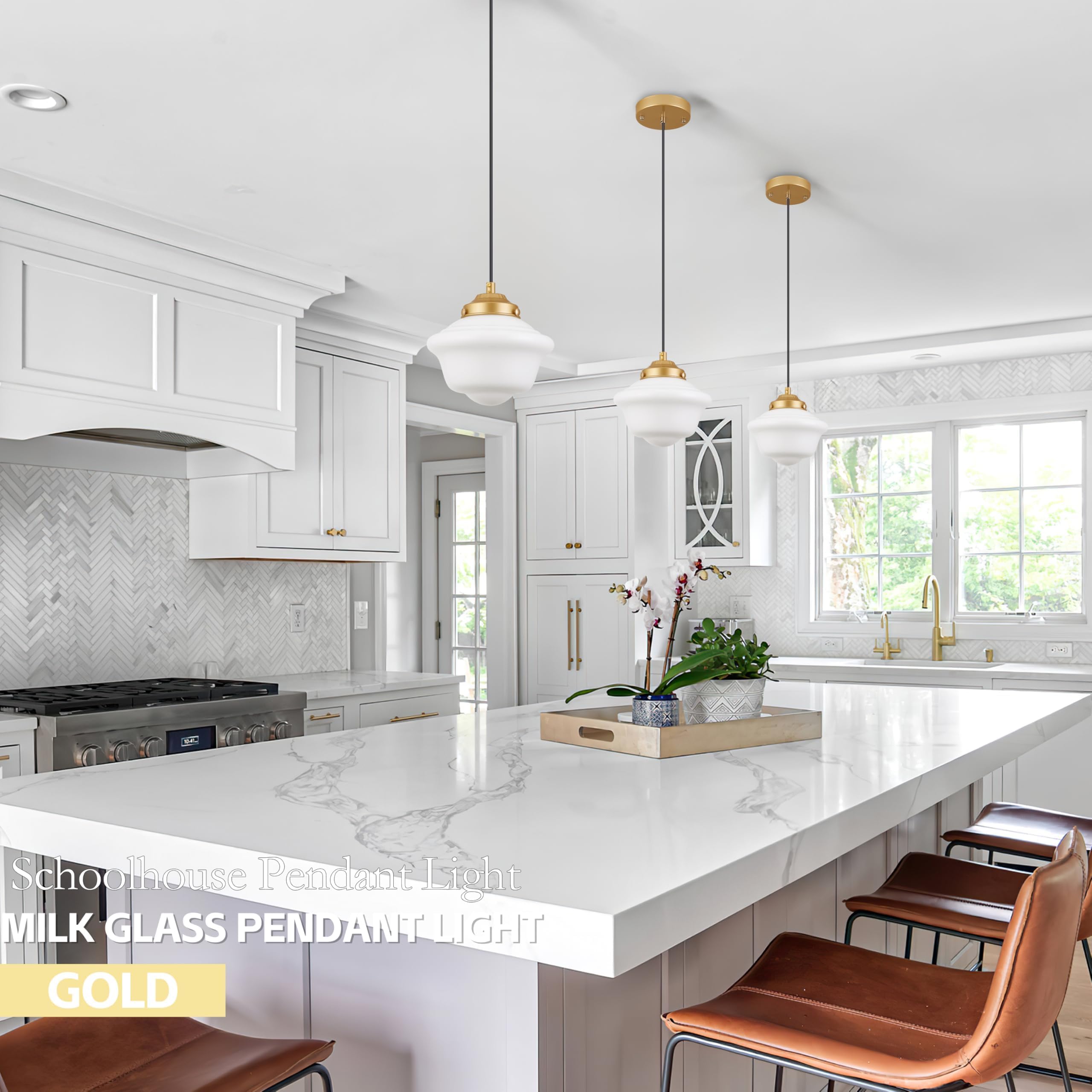 Ayshwilldec Gold Schoolhouse Light Fixture 8'' Milk Glass Light Fixture Mid Century Pendant Light Milk Glass Pendant Light Schoo