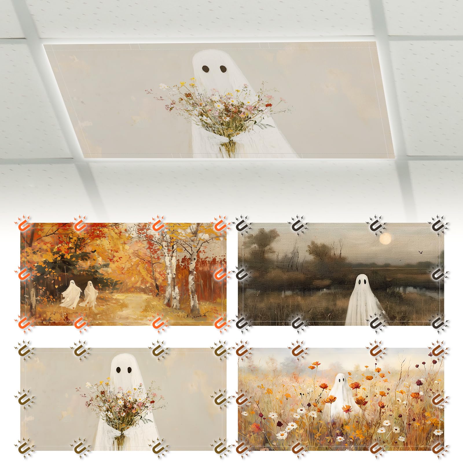 Glooglitter 4 Pcs Halloween Ghost Fluorescent Light Covers 4 x 2 ft Fall Magnetic Office Light Cover for Ceiling with 10 Magnets