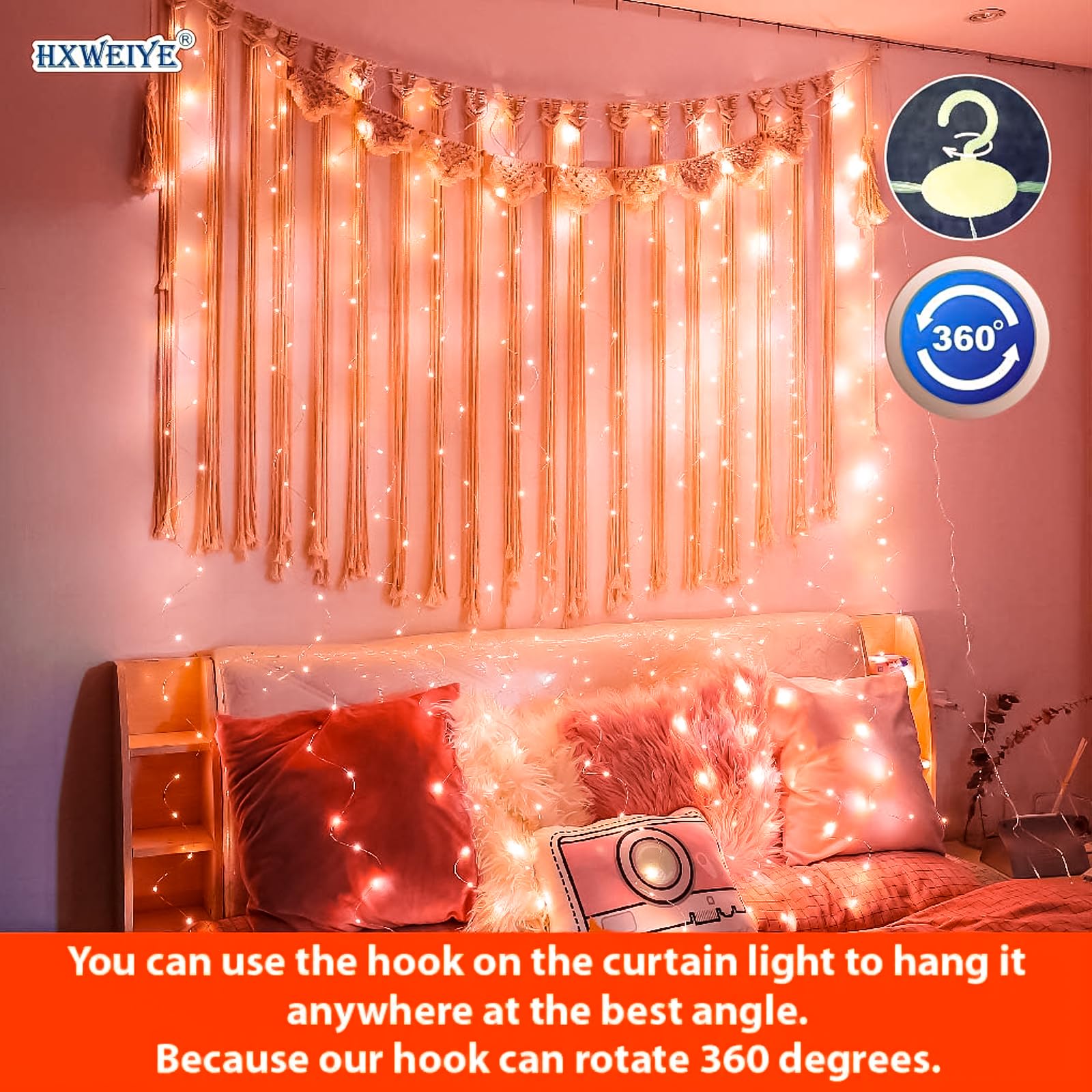 HXWEIYE Fairy Curtain Lights - 300LED, Orange, USB, 9.8x9.8Ft, 8 Modes, Timer, Model HY100150-300