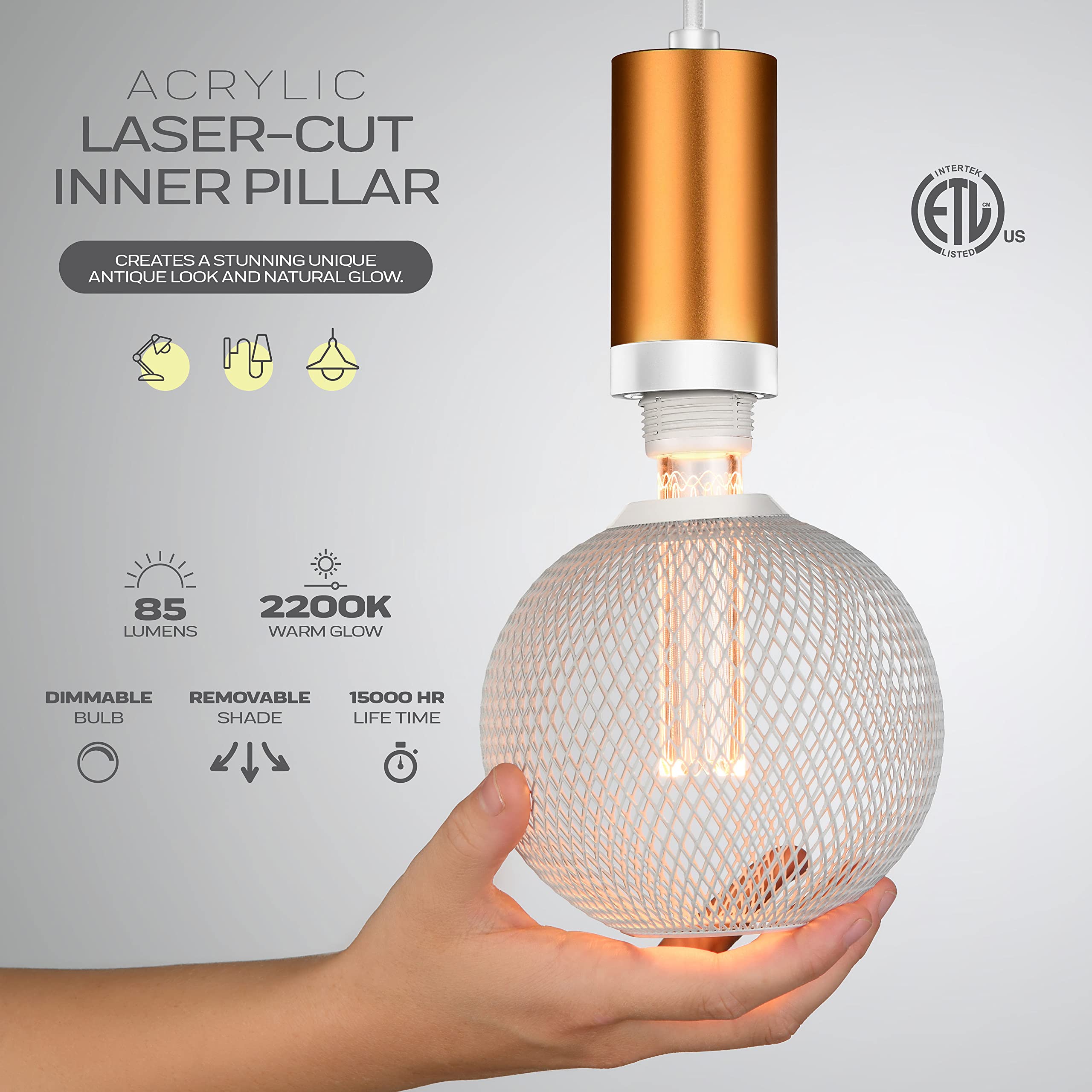 Next Glow White Metal Cage Globe Led Light Bulbs G40 / G125 3.5W Equivalent 20W E26 Led Bulb Base, Dimmable, Soft Warm Vintage 8
