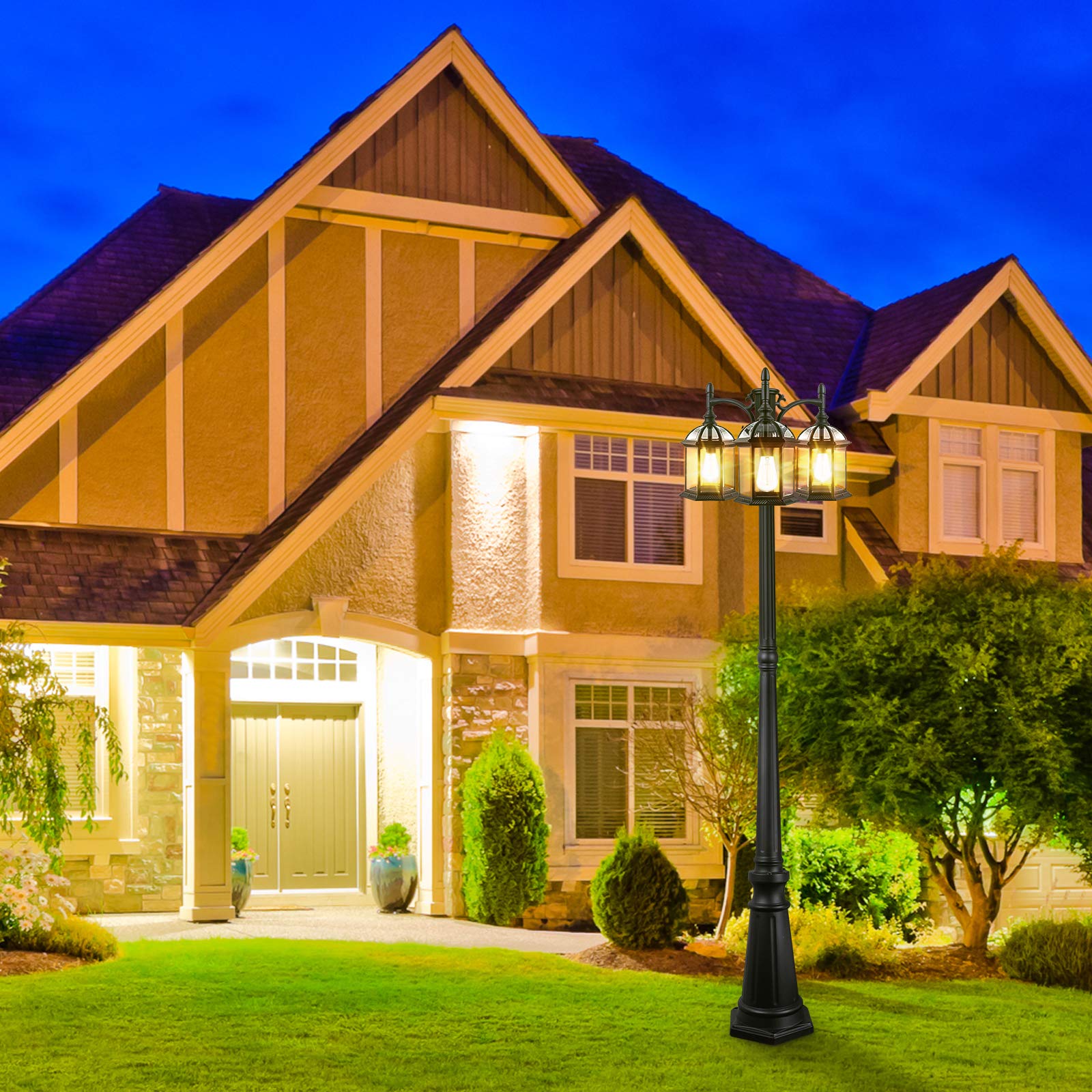 Partphoner Aluminum Outdoor Lamp Post, 3-Head Modern Street Light With Clear Glass Panels