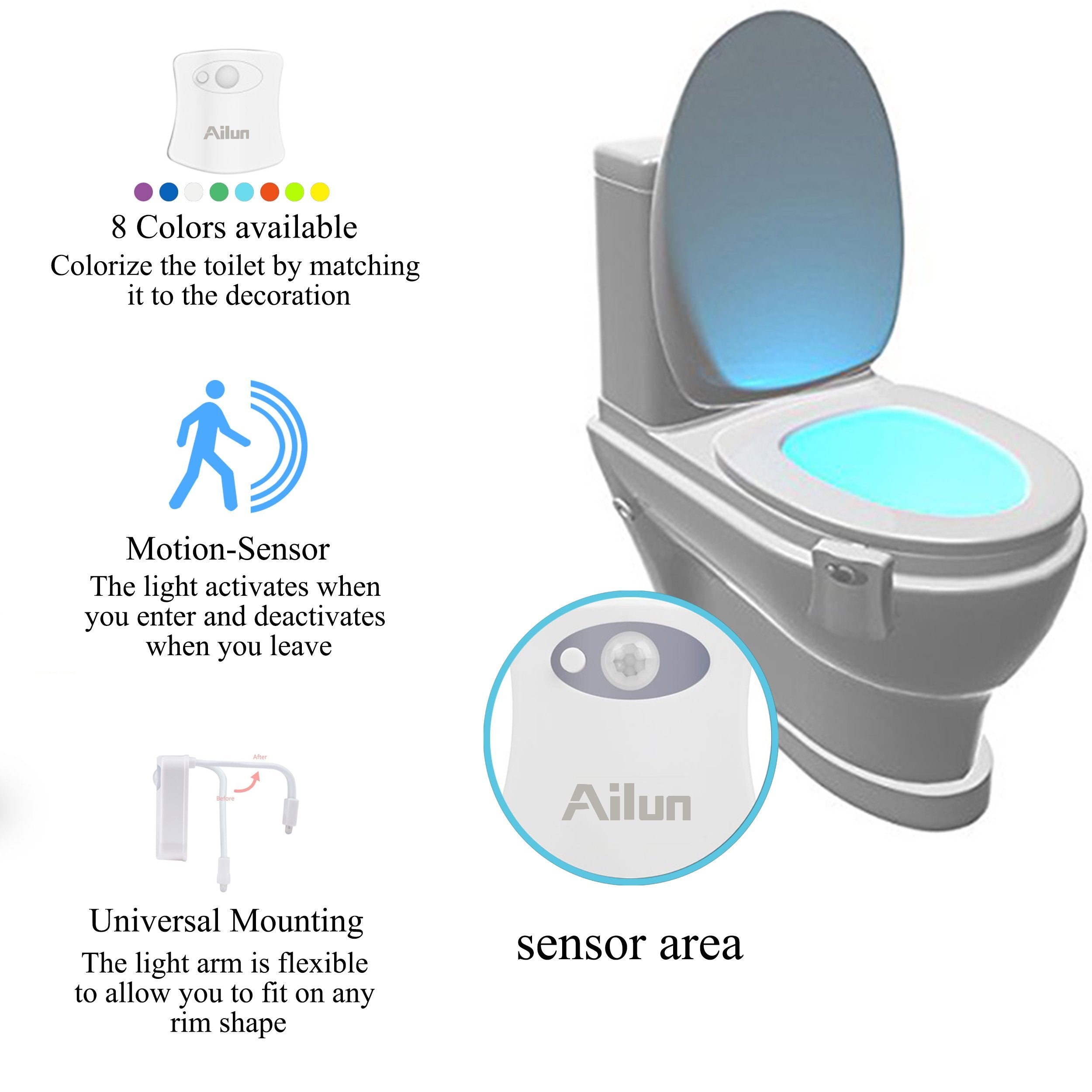 Ailun Toilet Night Light 3-Pack, Motion Activated LED, 8 Color Changing, White, Plastic, Model: Ailun_ToiletLight_3Pack_WhiteFBA