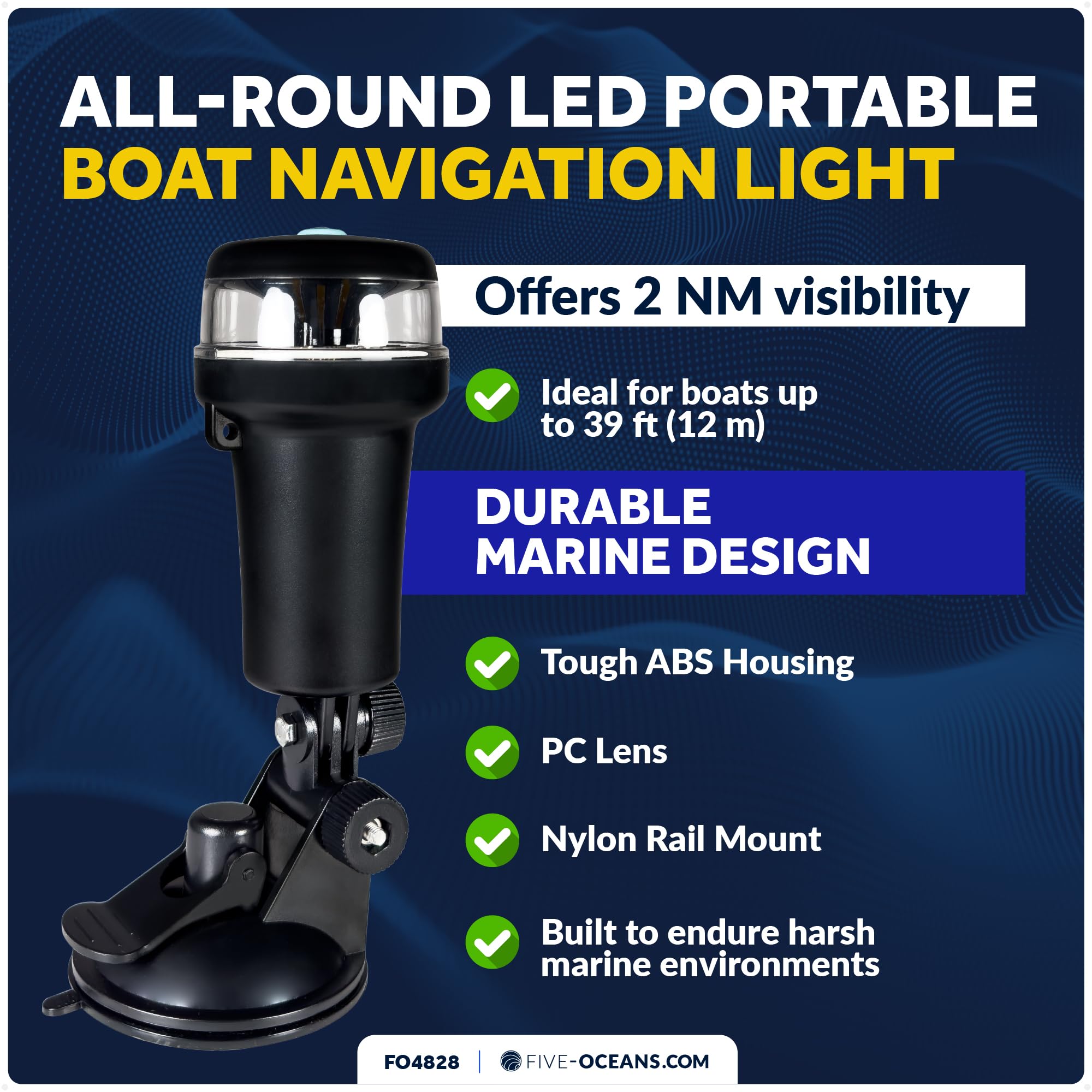 Five Oceans LED Boat Navigation Light, 2 NM Visibility, IP67 Waterproof, Black, Model 4820