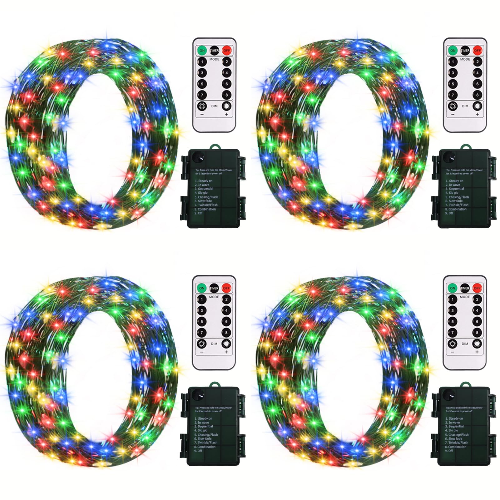 ZAIYW Fairy Lights 4 Pack, 16.5Ft 50LED Multicolor Battery Operated with Remote Control, Timer, 8 Modes, Green Wire