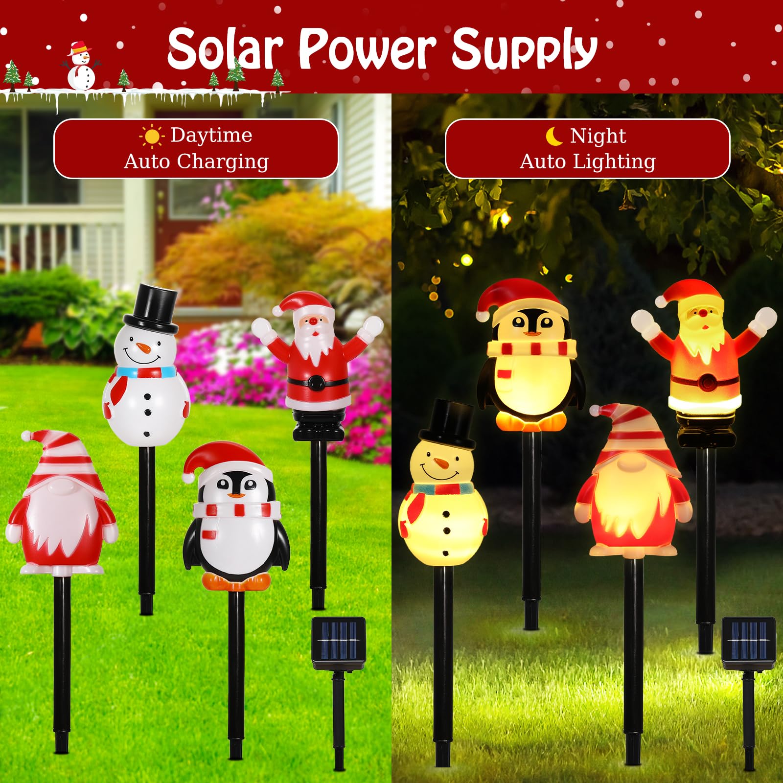 Lewondr 4 Pack Christmas Decorations Outside,Solar Lighted Santa Claus,Snowman,Gnome,Penguin With Garden Stakes,Waterproof Garde