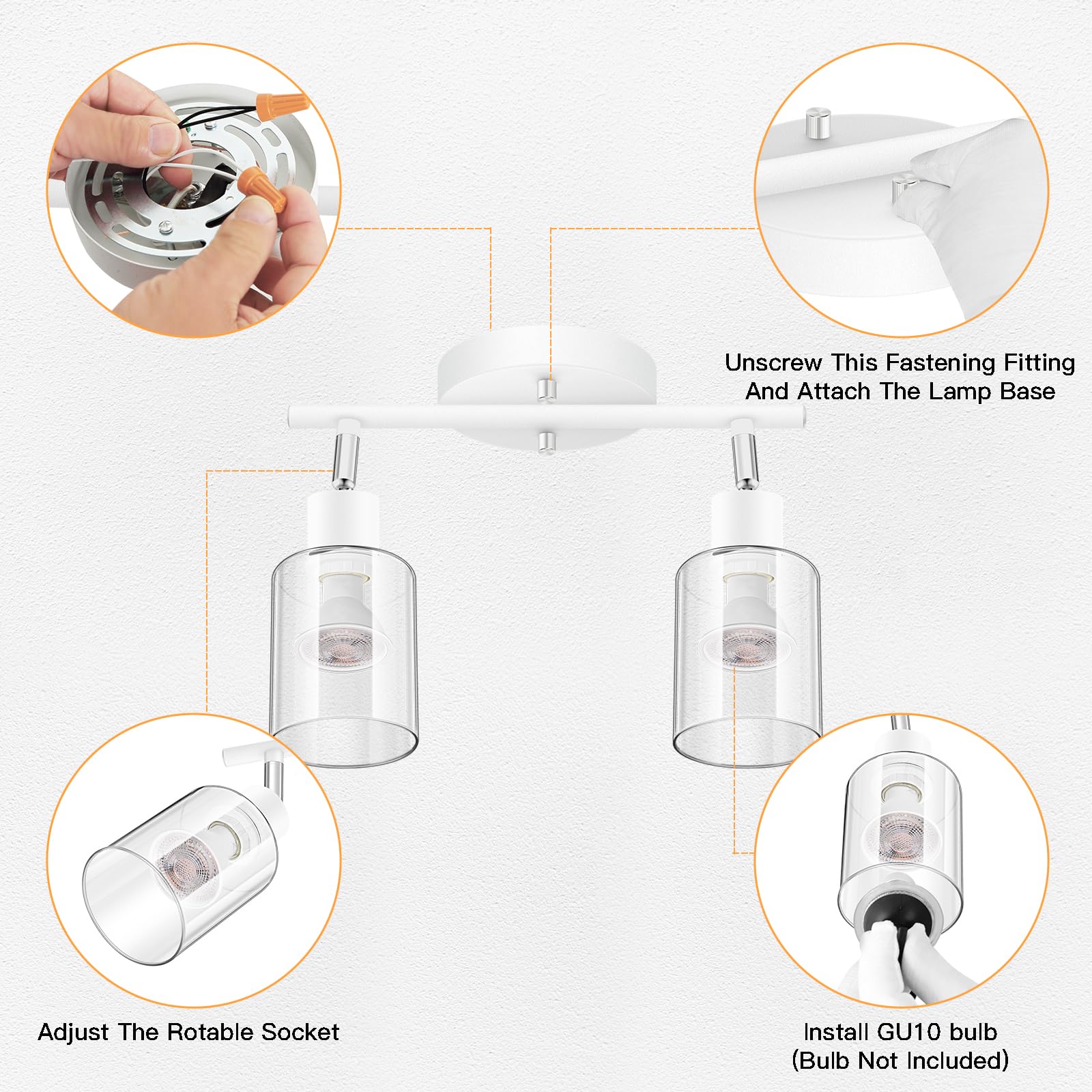 Boostarea 2-Light Bathroom Light Fixtures, White Modern Vanity Wall Lights With Clear Glass Shade, Flexibly Ceiling Light For Mi