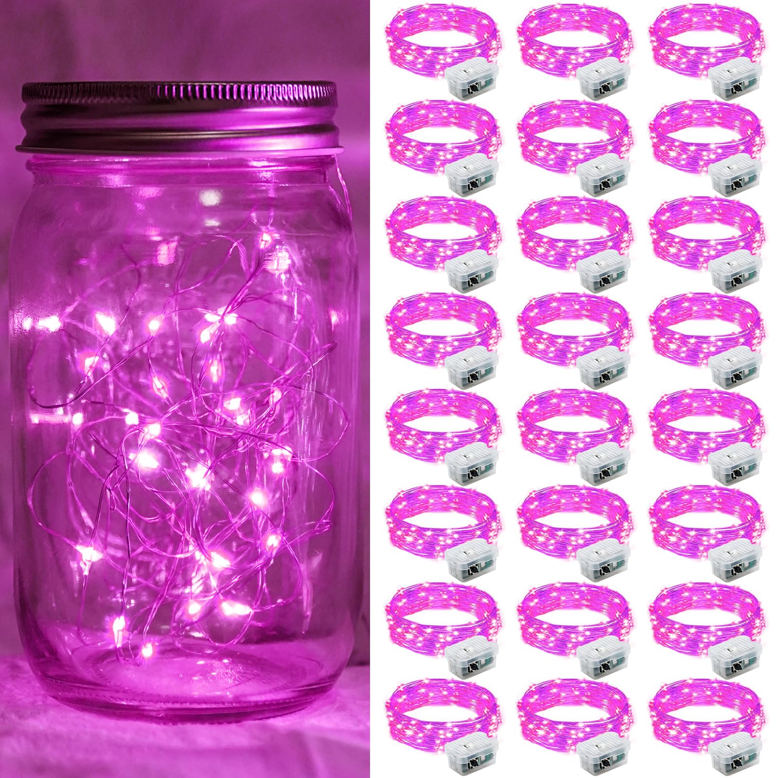 chzk 24 Pack Fairy Lights, 20 LED Twinkle String Lights, Battery Operated, Waterproof, Pink, Model A01-Mini
