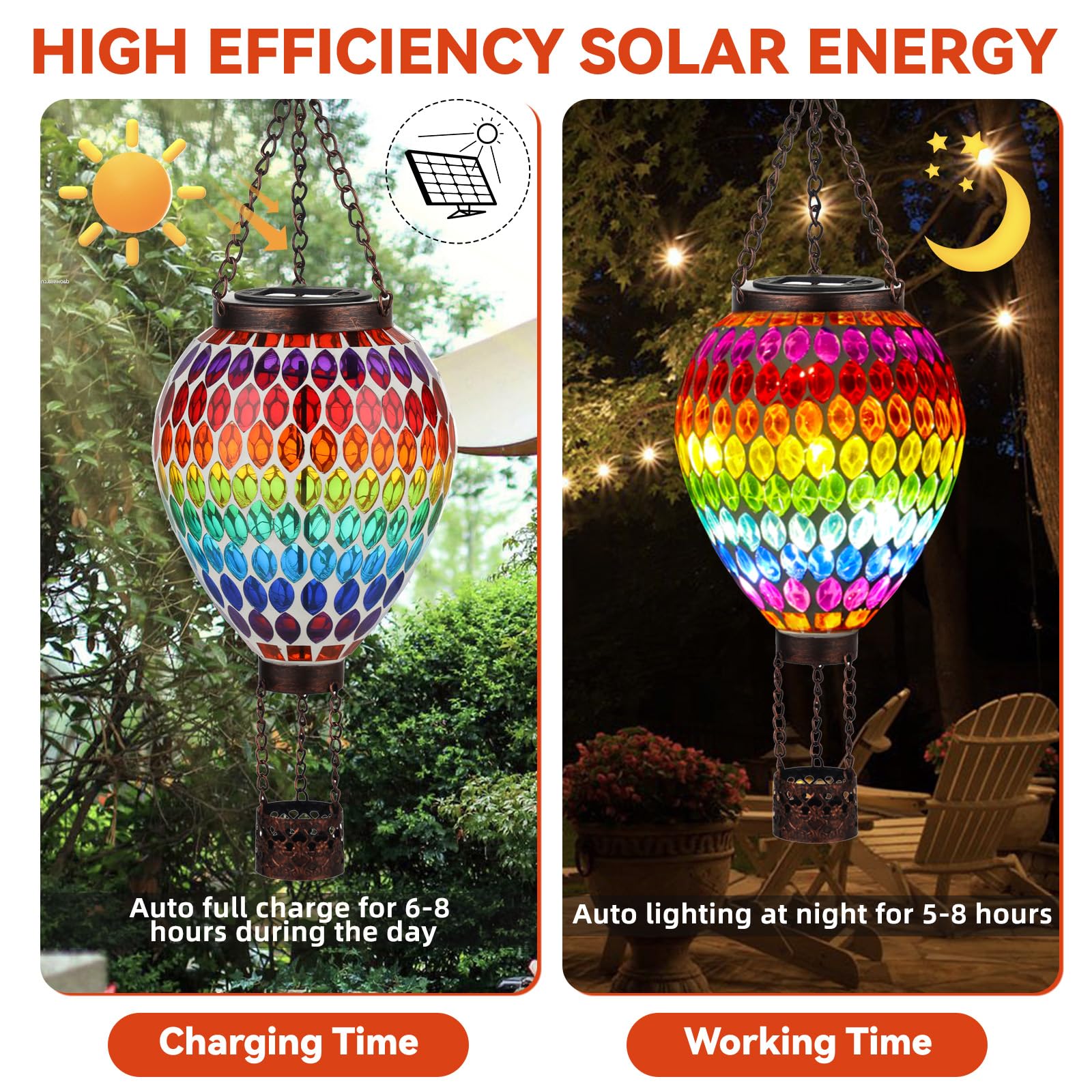 Voreen Hot Air Balloon Solar Lantern  Handmade Mosaic Solar Outdoor Hanging Wind Light  Waterproof  Patio Festive Decor  Gift For Mom Wife Friend  Rainbow Pattern