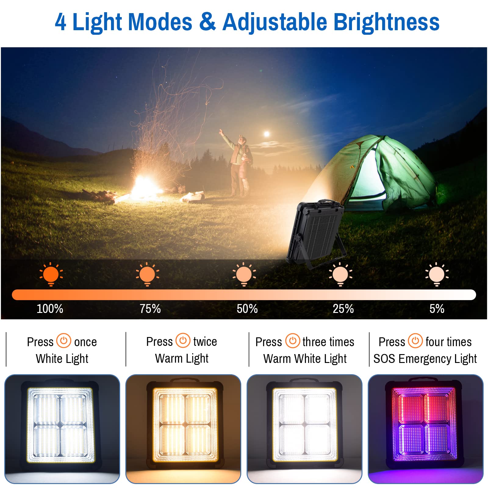 Masmejor 160W 15000mAh Solar Work Light - 540 LEDs, Stepless Dimming, USB Charging, IPX4 Waterproof for Job Site, Emergency, Pow