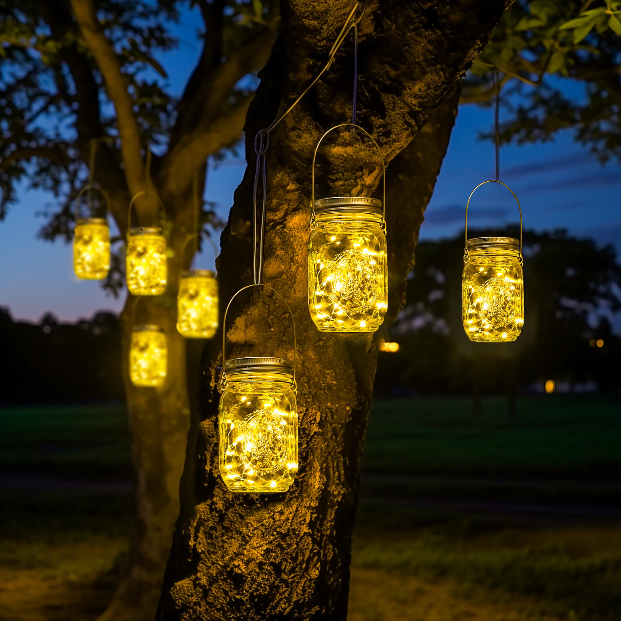 Gigalumi Hanging Mason Jar Solar Lights, 6 Pack 30 Led Tinplate Lids Hanging Solar Lanterns Outdoor Waterproof, Hangers And Jars