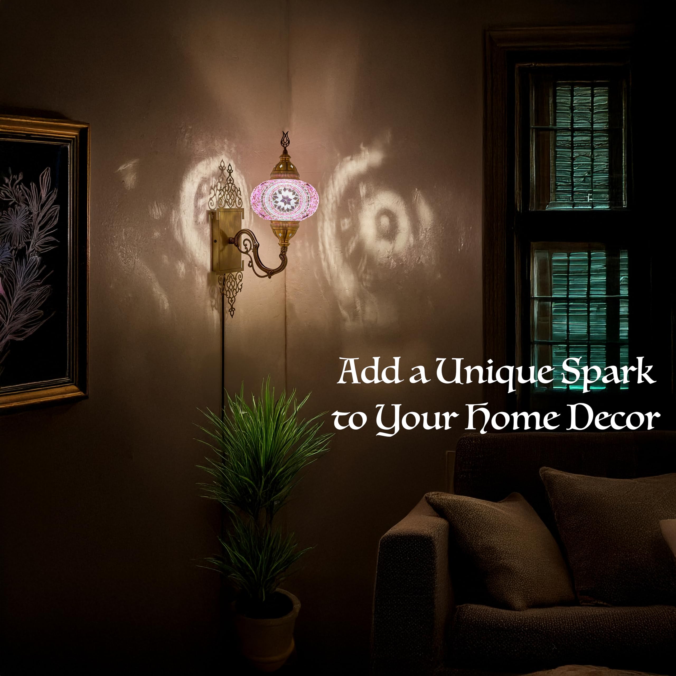 Demmex Turkish Moroccan Tiffany Style Mosaic Wall Sconce Lamp Light, Big Size Globe, Decorated Brass Body, Handmade, 15X5 Inches