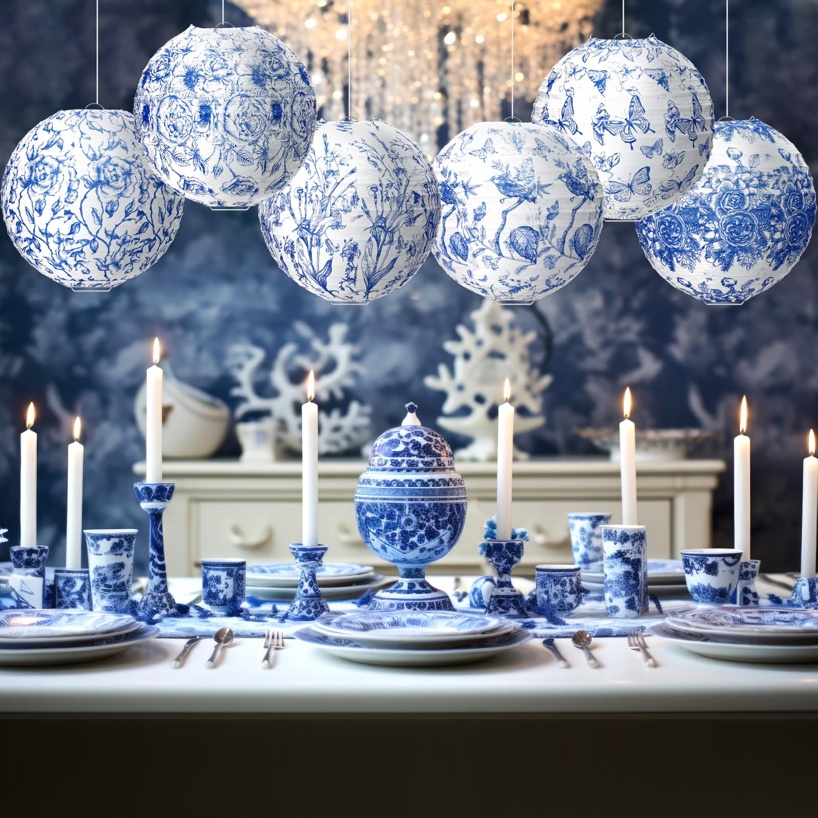Rossesay 12 Pcs Blue And White Paper Lantern 8 Inch Chinoiserie Lanterns Blue Flower Hanging Lantern Indoor Outdoor Spring Decor