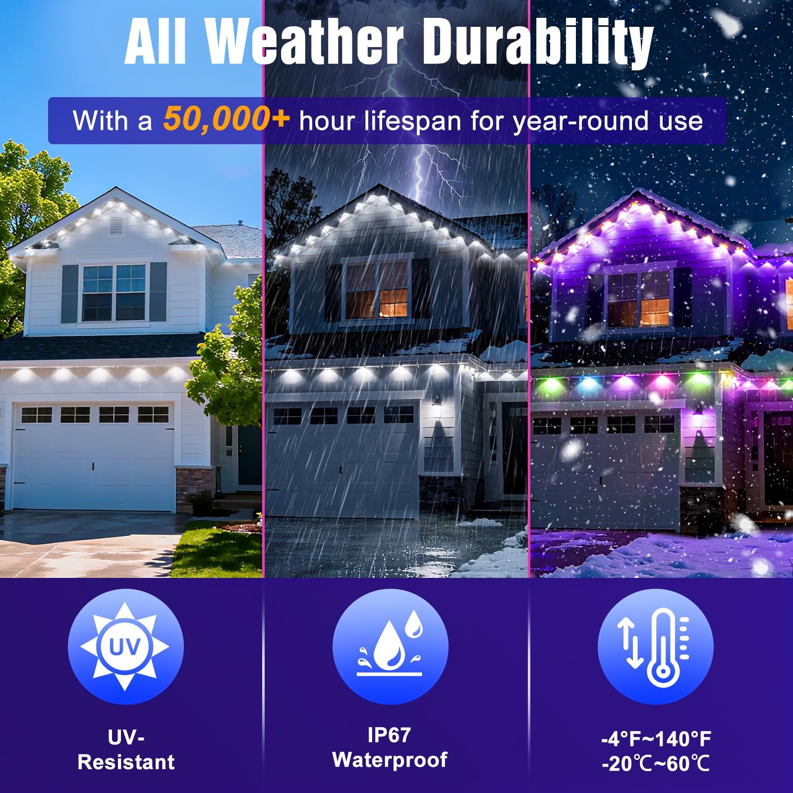 JOH 200FT RGB+IC Smart LED Outdoor Lights, App/Remote Control, IP67 Waterproof, White, Model MDL2515-01