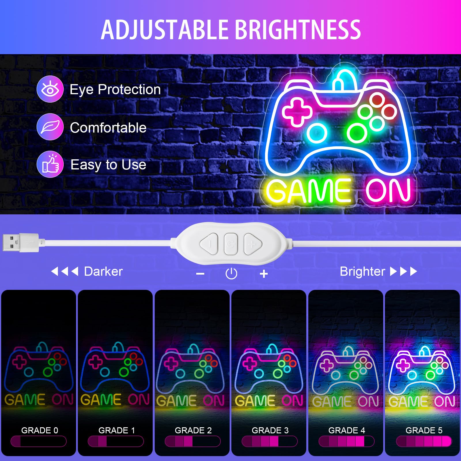 Basaneon Gamer Neon Sign, Game Controller LED Decor, Dimmable USB Powered, 14.1x12.9 inches, A-Game On, Model ZF-GAME ON