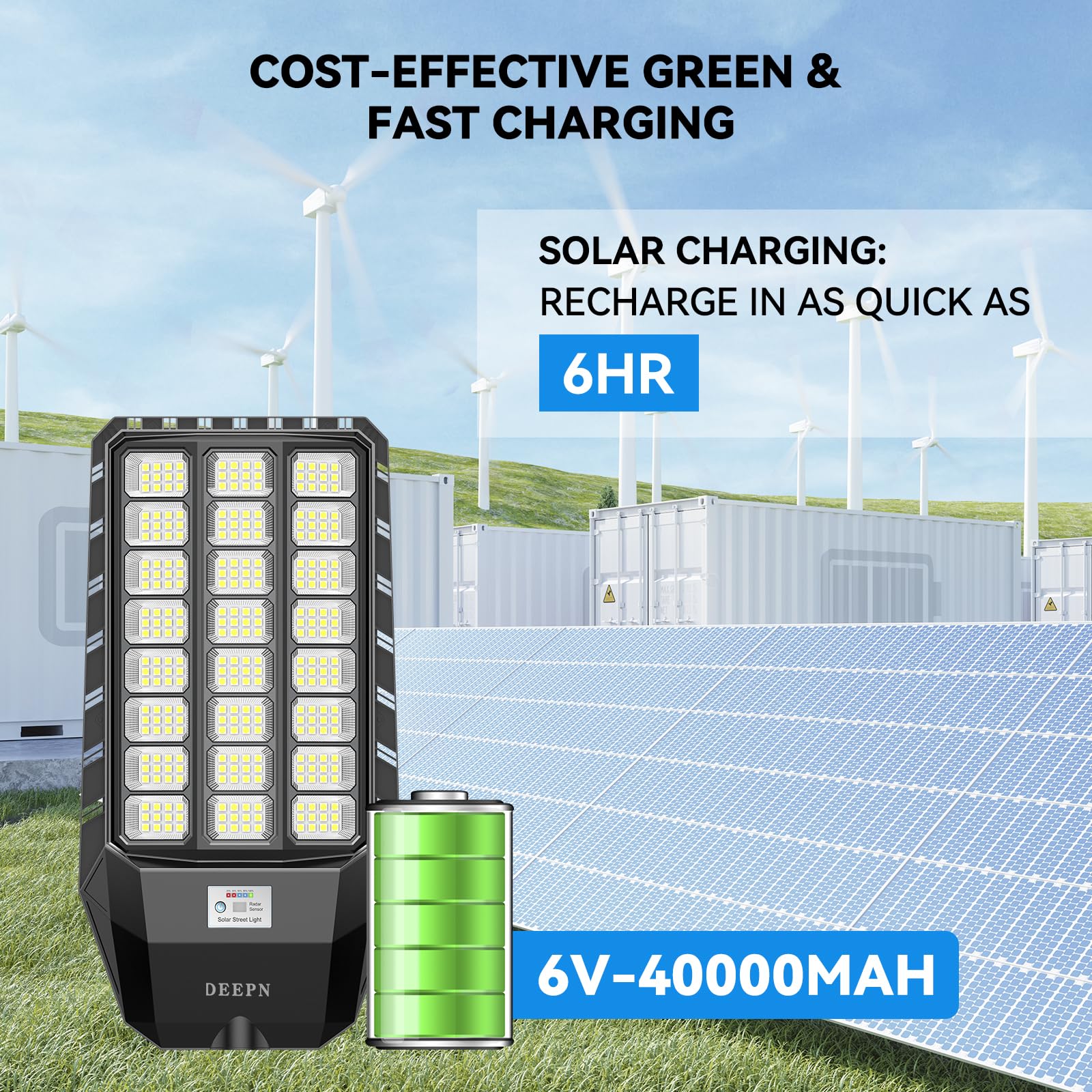 Deepn Solar Street Lights, 7000W, 360000 Lumens, IP67 Waterproof, Motion Sensor, Black, Model SC241, Outdoor Remote Control