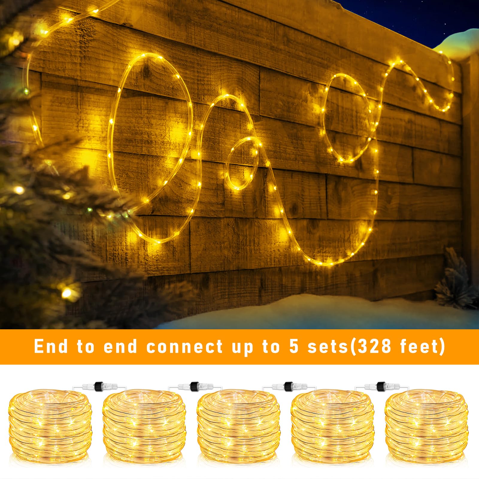 66Ft 200 Led Rope Lights For Outside  Connectable Rope Lights Outdoor Waterproof With 8 Modes  Plug In Christmas String Lights For Outside  Indoor  Bedroom  Garden  Patio  Pool Decor  Warm White