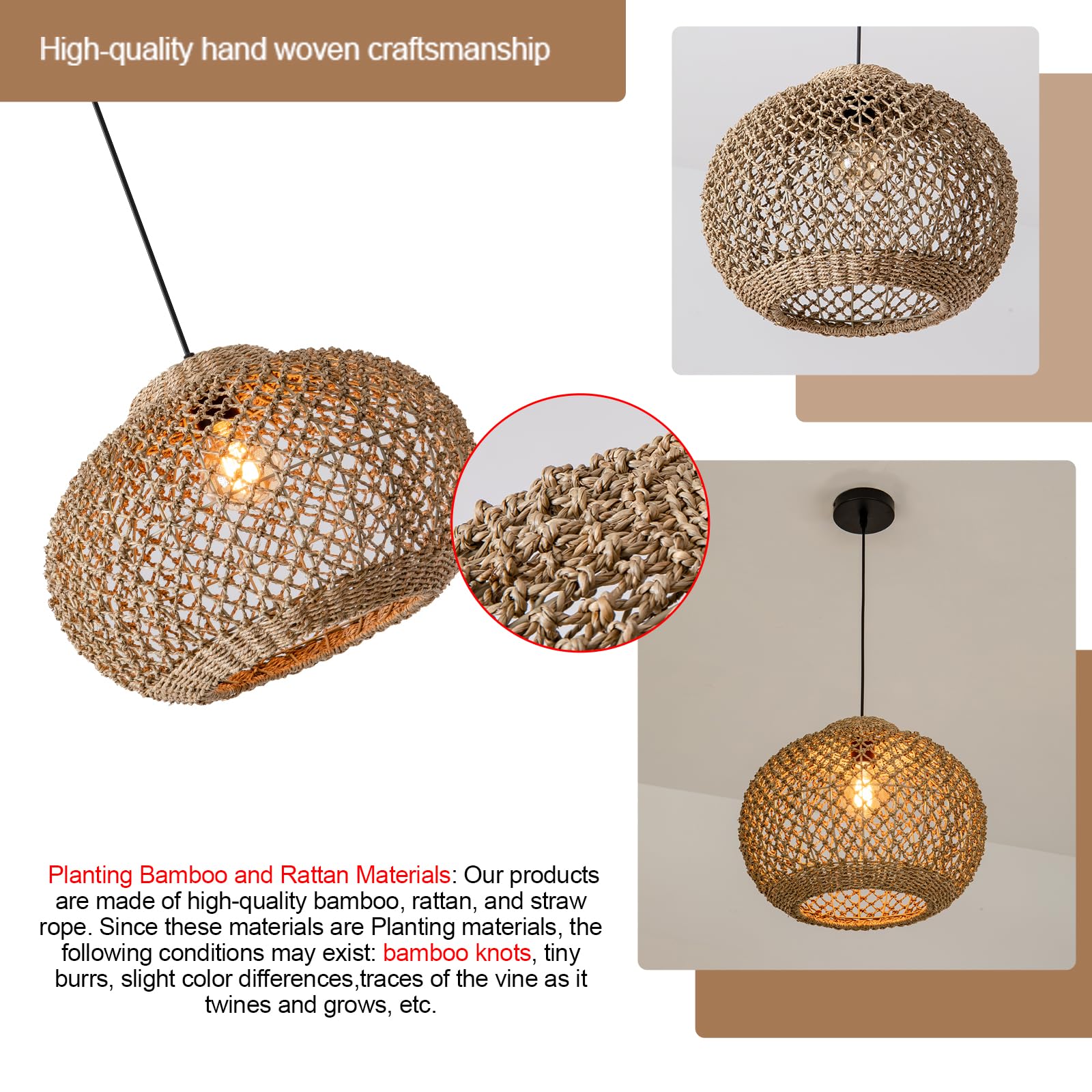 Teru Ji Kaikang 13.77'' Woven Rattan Pendant Light,Hand-Woven Water Plants Rattan Chandelier Boho Wicker Coastal Retro Ceiling C