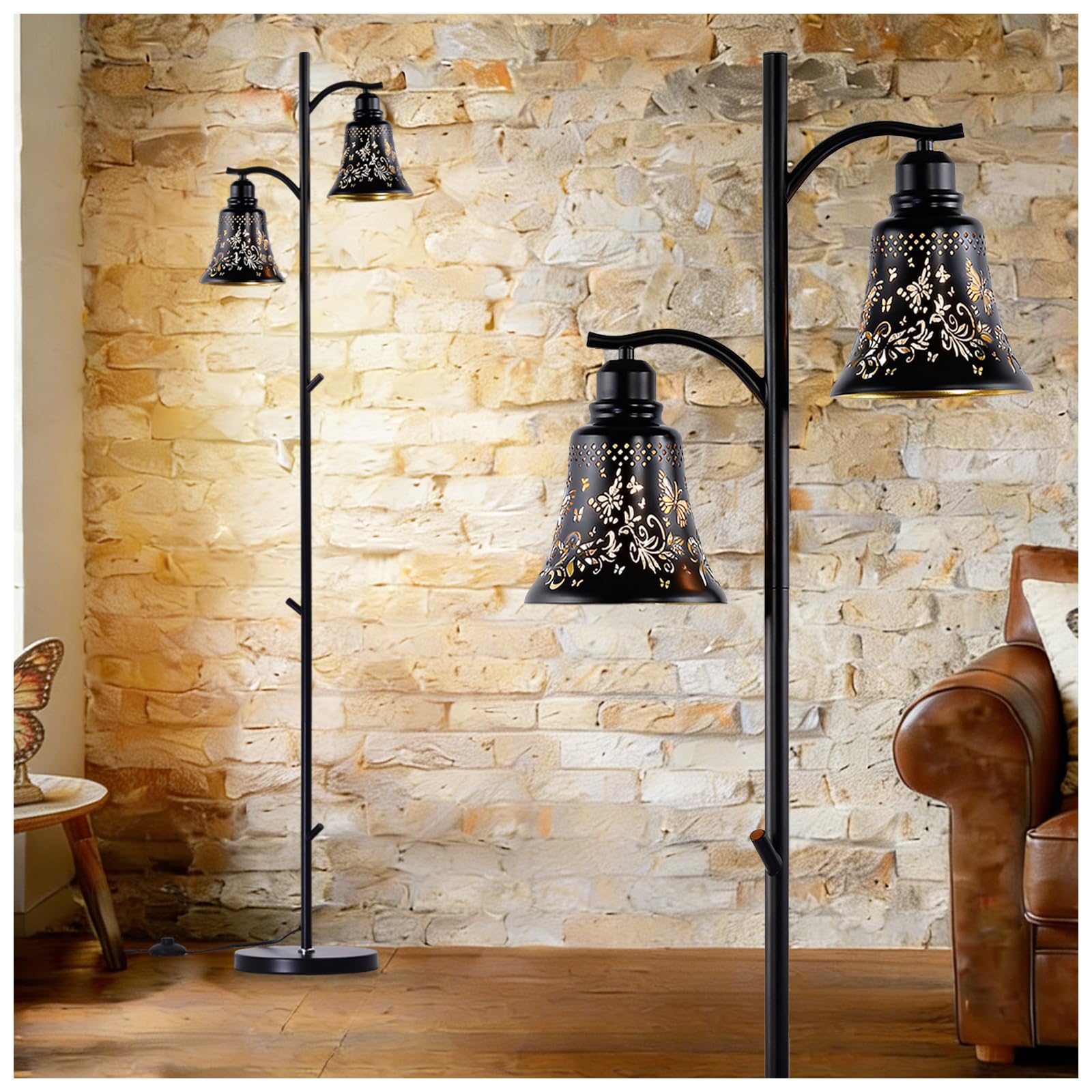 SendaLife 2-Light Rustic Floor Lamp,Butterfly Cutout Bell Shade Black Metal Tree Standing Lamp,64.56 Farmhouse Floor Lamp for Li