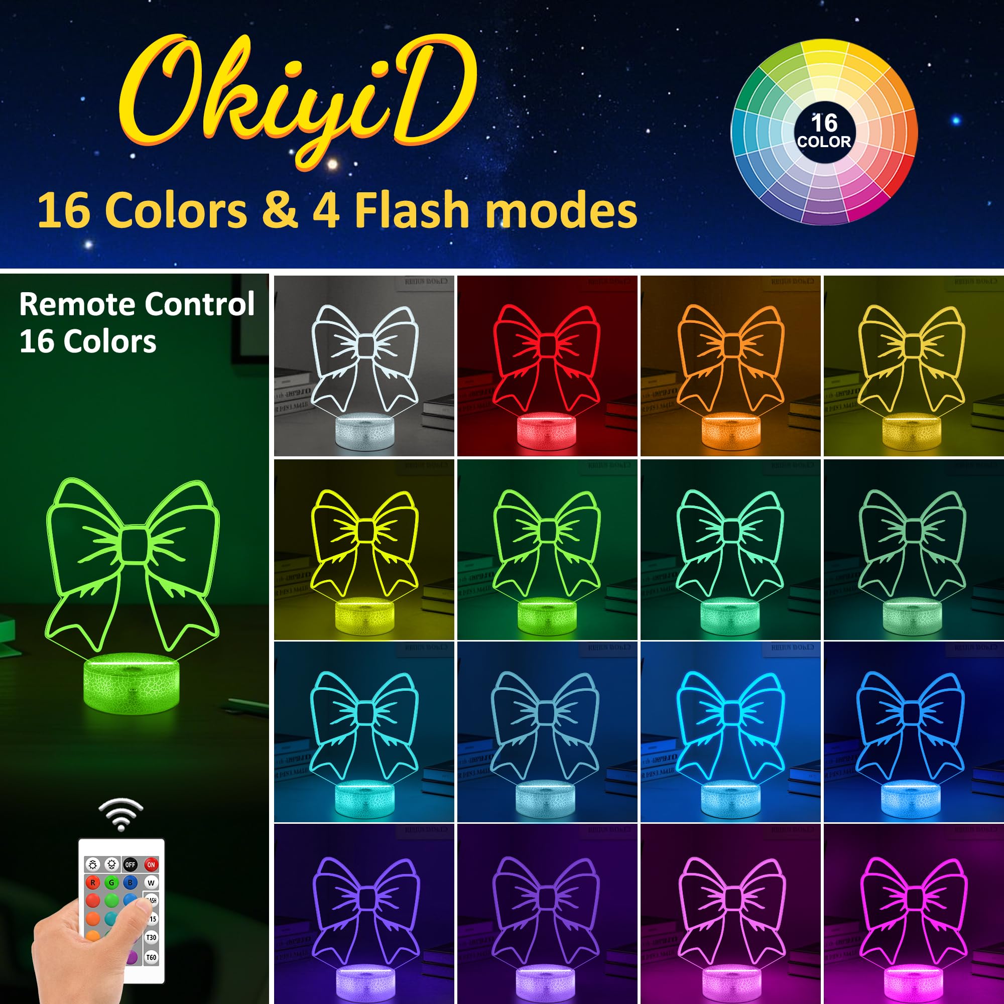 OkiyiD Cheerleader Gifts for Girl, Cheer Bows Night Light 3D Illusion Lamp with 16 Colors Changing Remote Control, Cheerleading