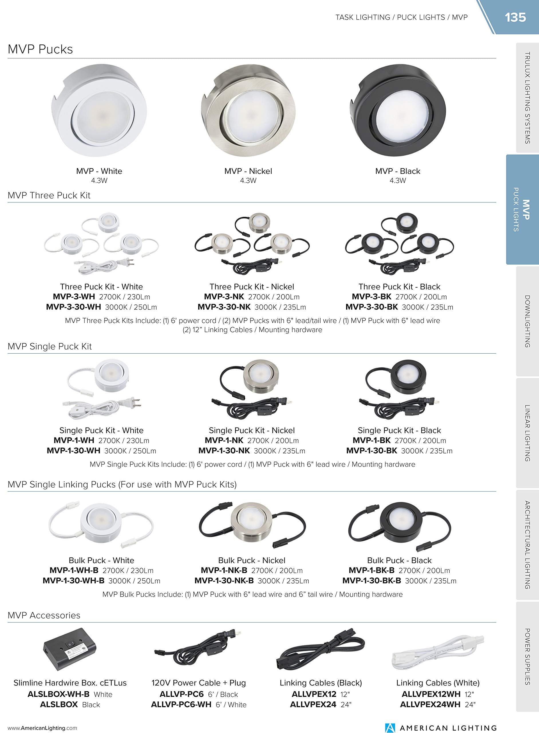 Mvp Three Puck Kit, Easy To Install Dimmable Swivel Puck Lights, Linkable, Cetlus Listed, 2-3/4-Inch Diameter, 4.3-Watt, 2700K W