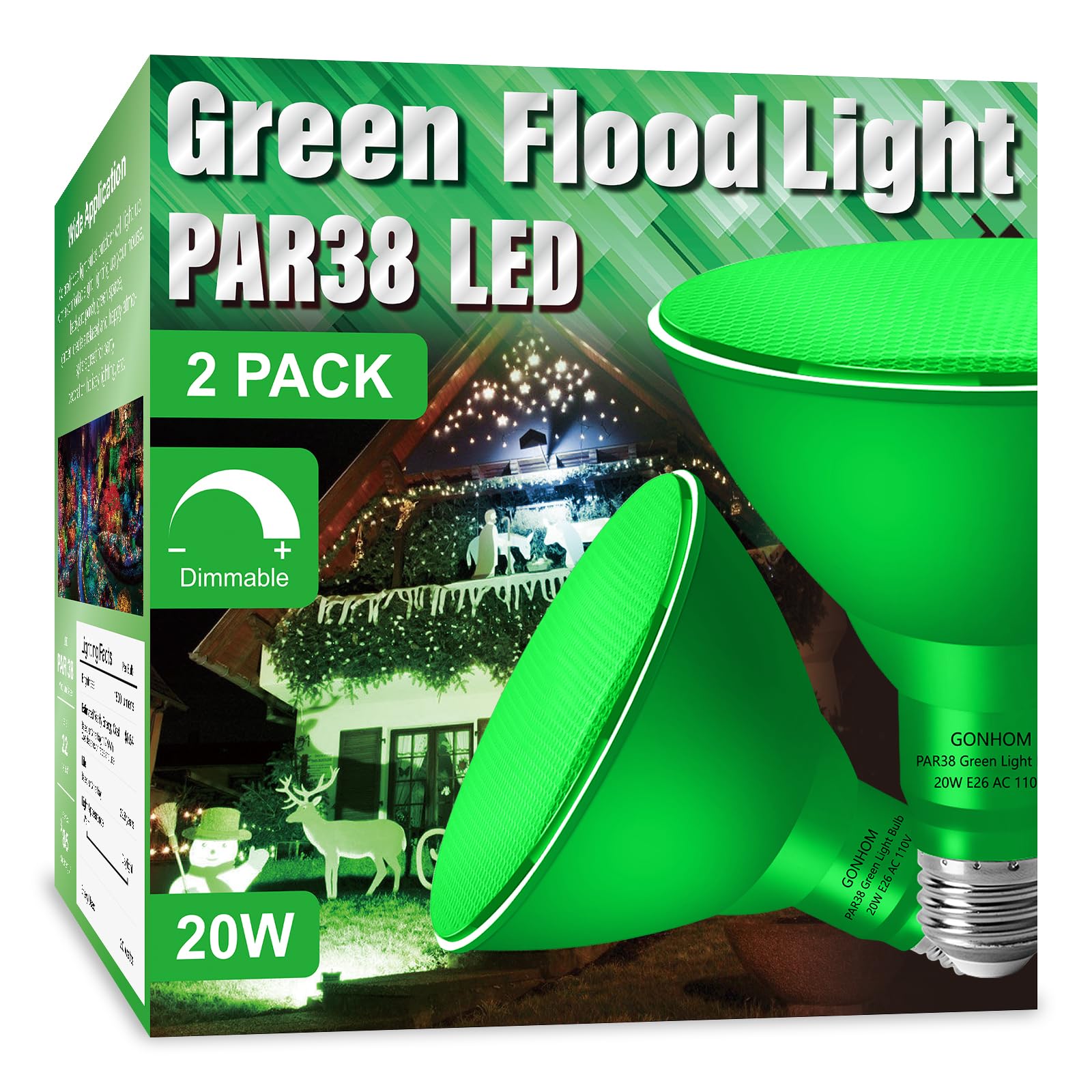 Gonhom 2 Pack Green Par38 Dimmable Flood Lights, 20W Led Bulbs For Outdoor Holiday Lighting