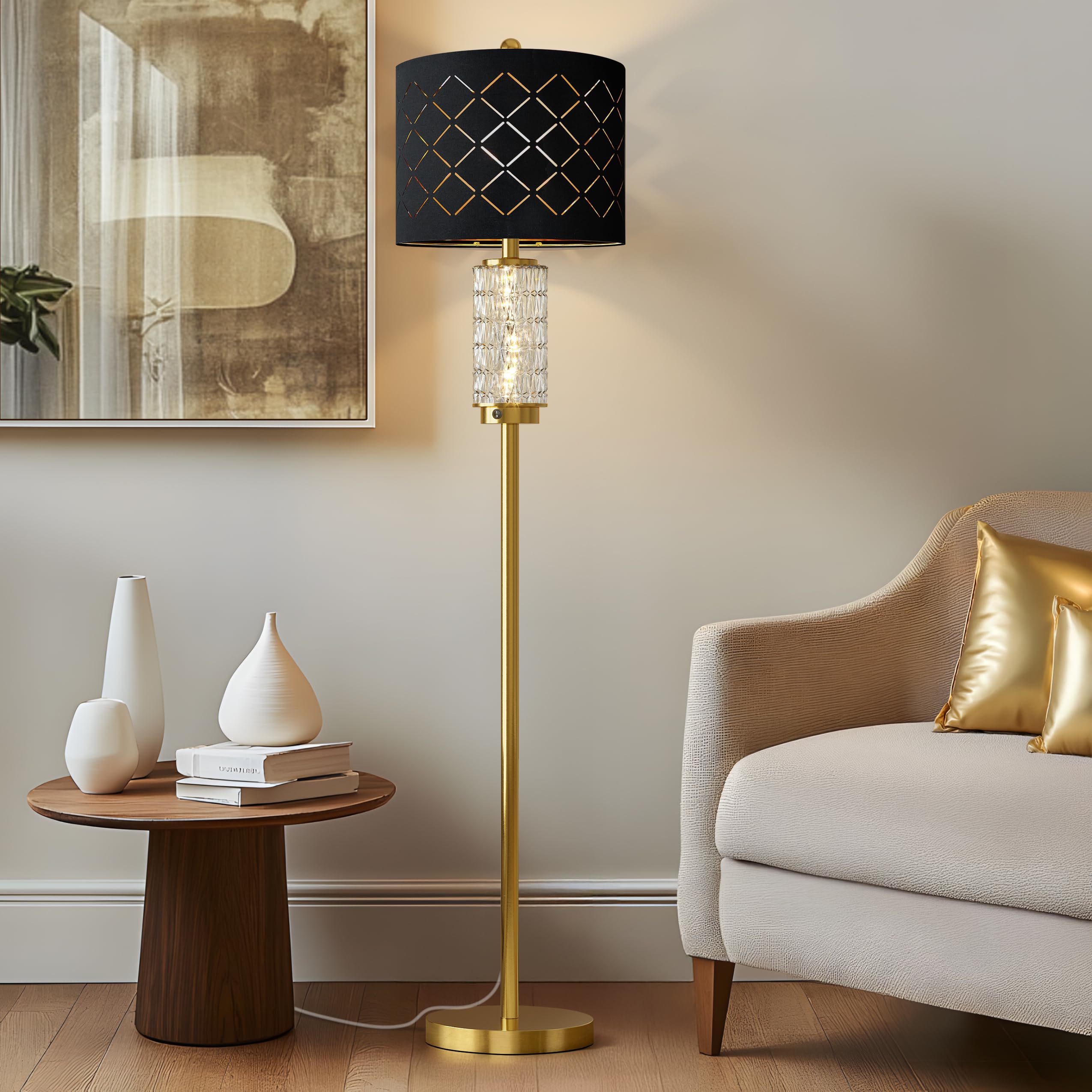 Oneach 63.75'' Floor Lamp For Living Room, Modern Gold Lamp With Led Glass Night Light, Vintage Standing Lamp With Black Drum La