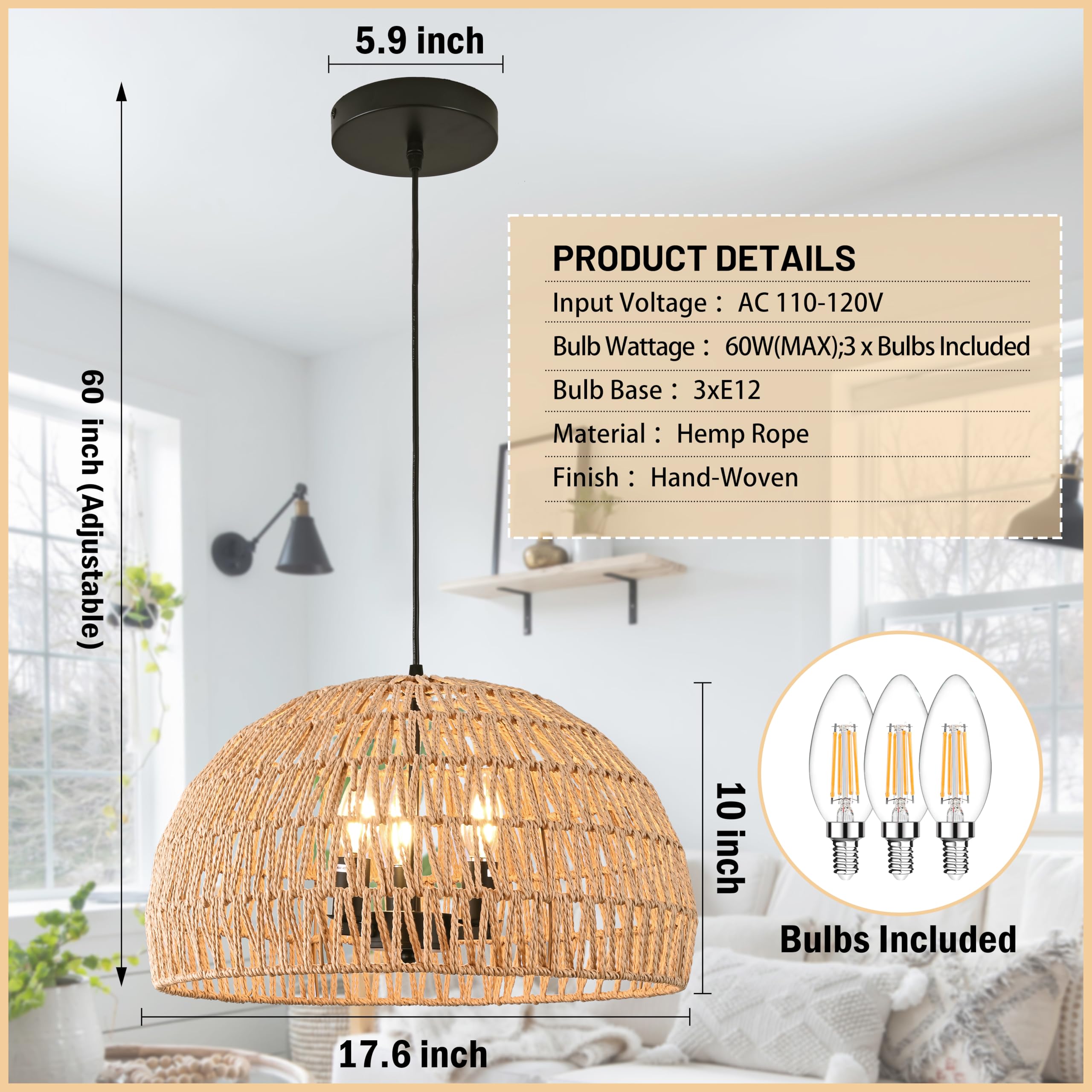 Ayshwilldec 17.6&quot; Hemp Rope Woven Pendant Light - 3-Light Boho Rattan Chandelier For Dining Room