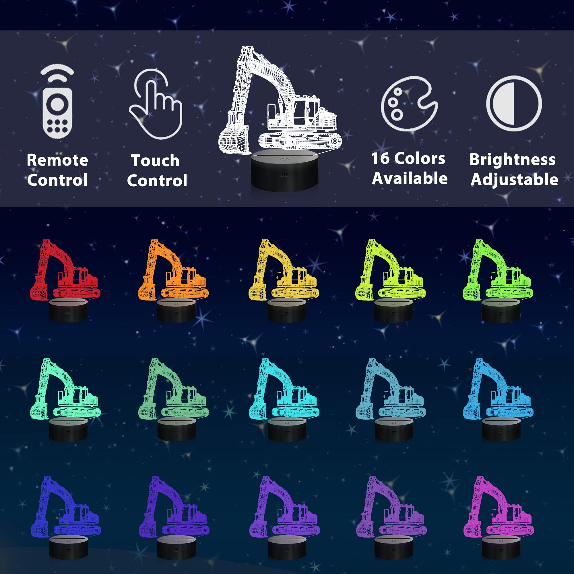 nite  nite Excavator 3D LED Lamp, Remote Control, Multicolor, Model FS-xxxyyy
