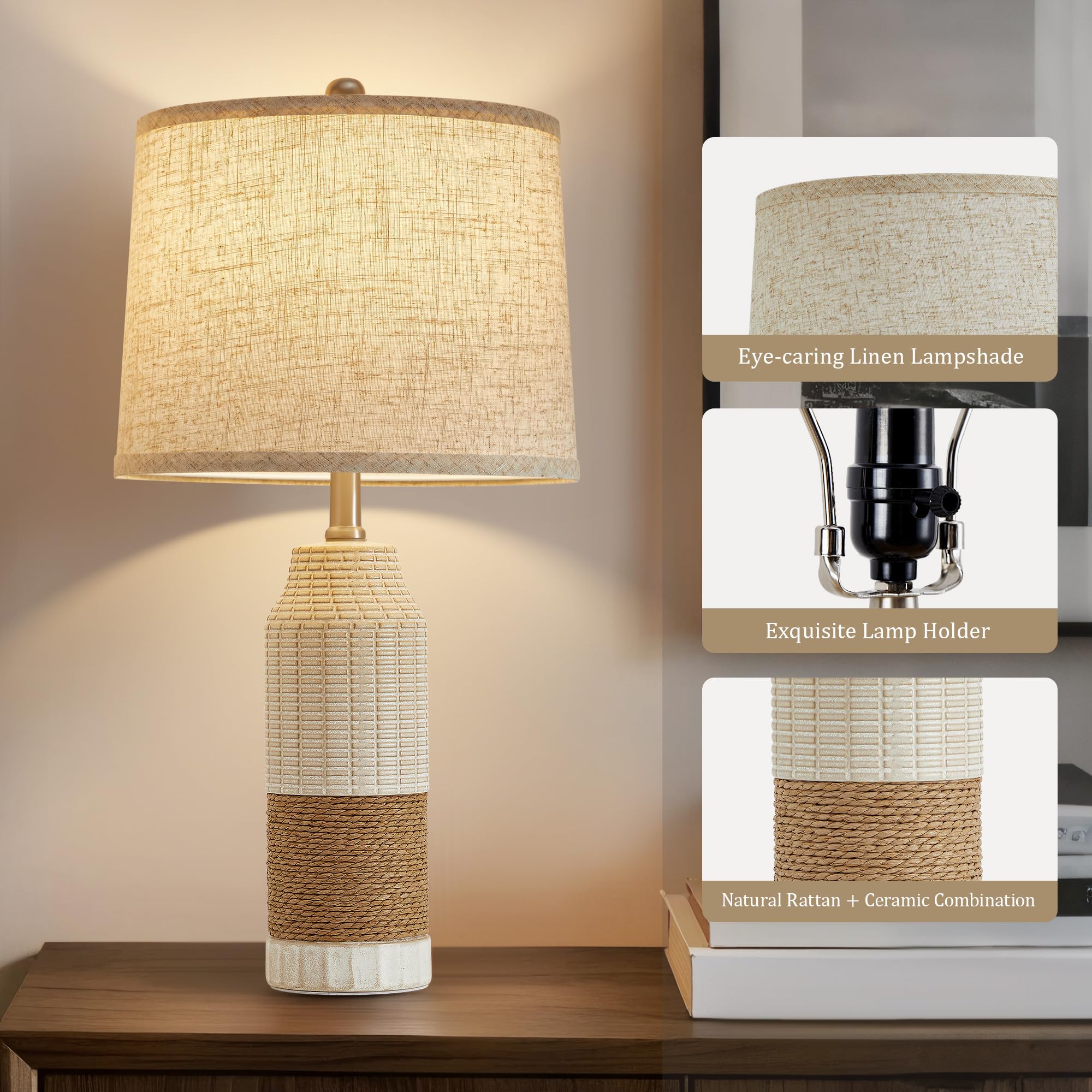 GyroVu Rattan Table Lamps Set of 2 - Vintage Ceramic, 3 Color Temperature, White - Bedside Decor for Bedroom and Living Room, Model G-2TL-130A