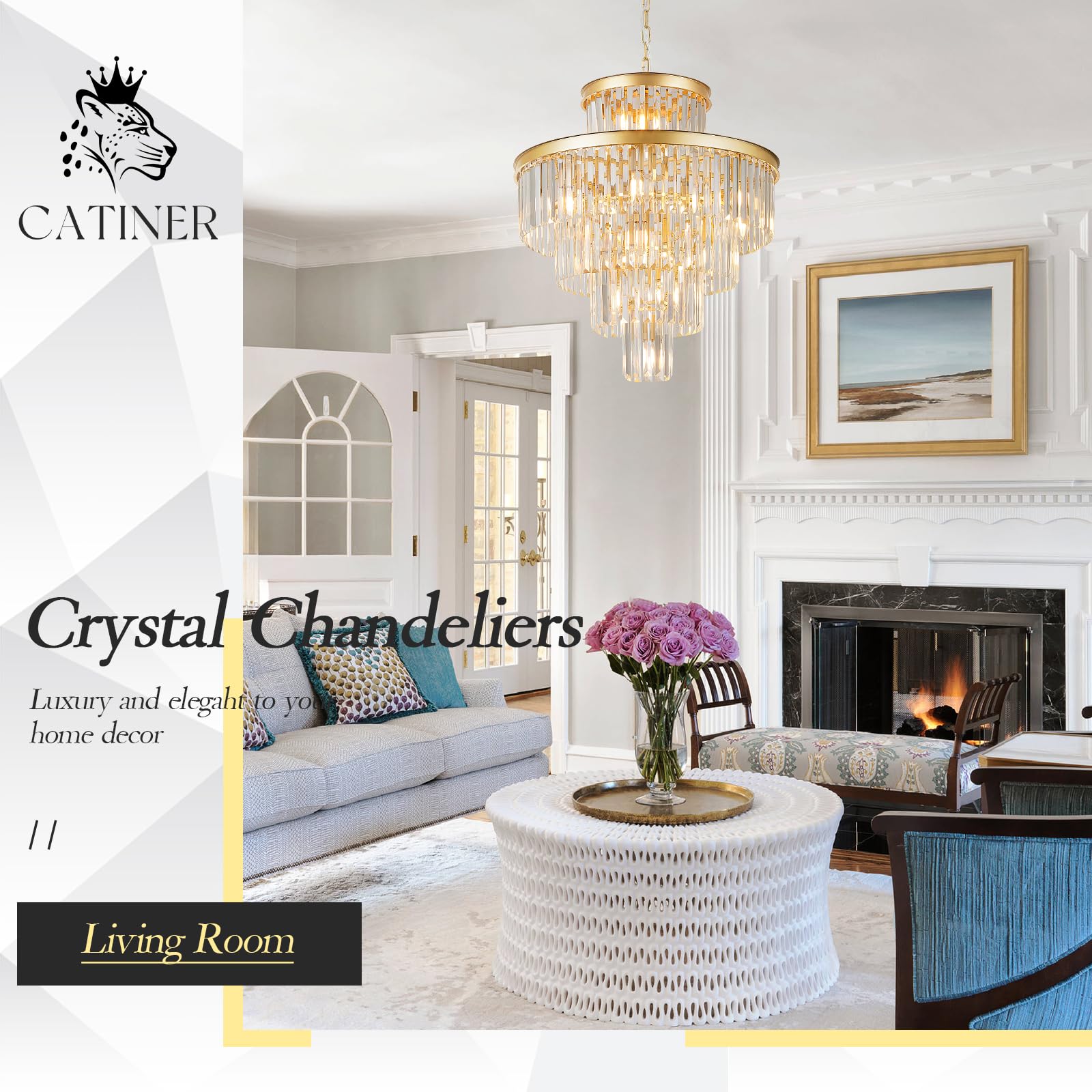 Catiner Modern Gold Crystal Chandelier 15 Lights 24'' Round Light Fixture Luxury 5-Tier K9 Crystals Chandelier Contemporary Pend