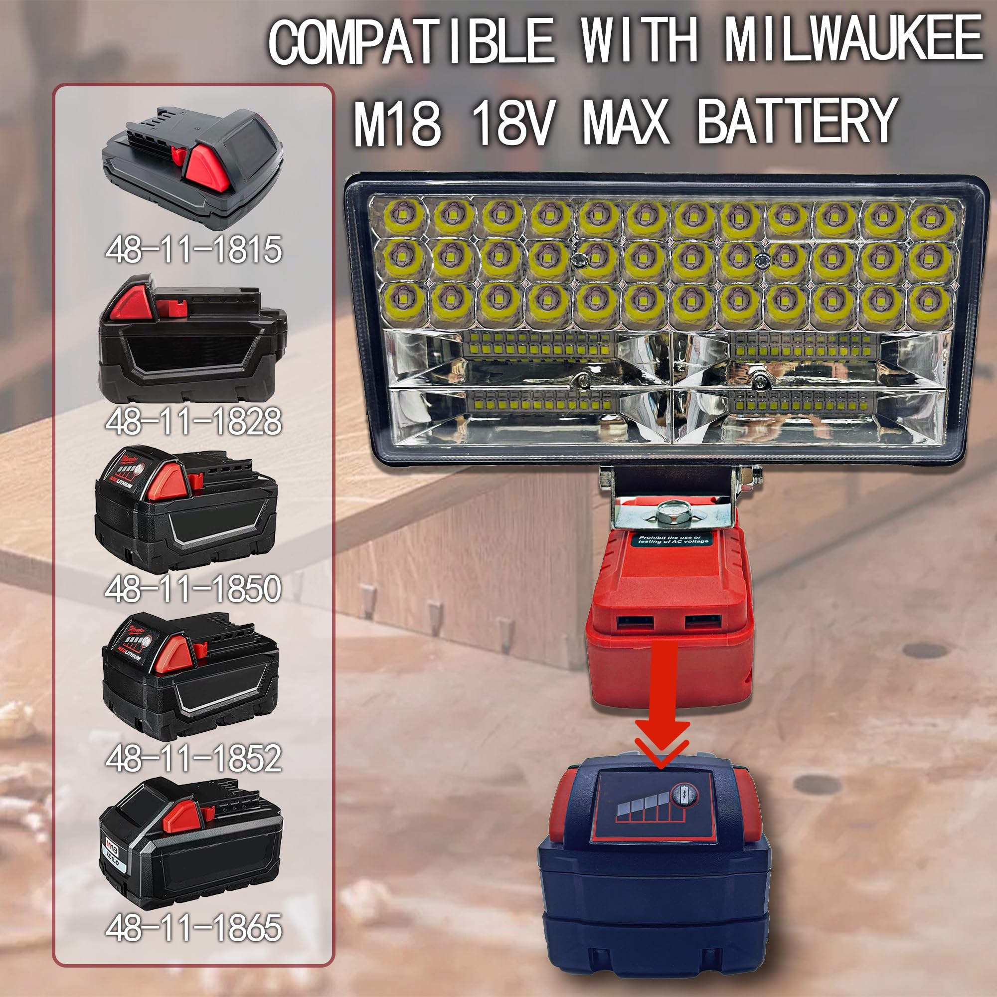 Cordless Led Work Light For Milwaukee 18V Battery,90W 5400Ml Led Wide Beam Flood Light With Two Usb Charging Port Light For Emer