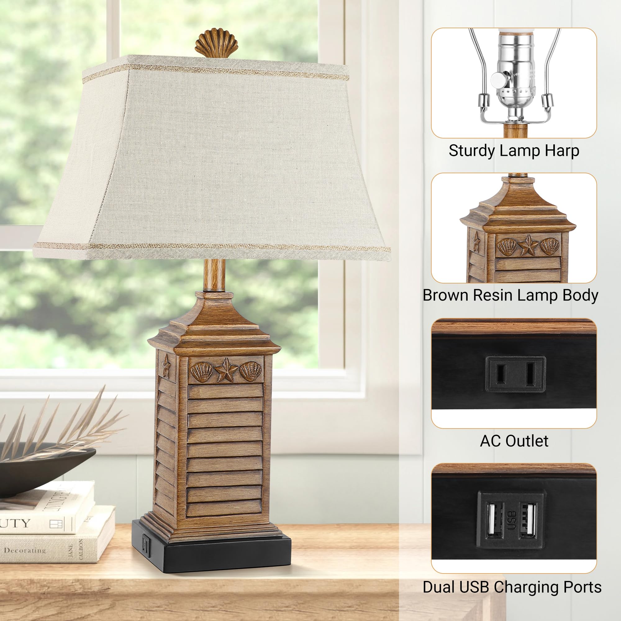 Hamucd Coastal Table Lamps Set Of 2 With Usb Ports & Ac Outlet - Brown Nautical Nightstand Decor