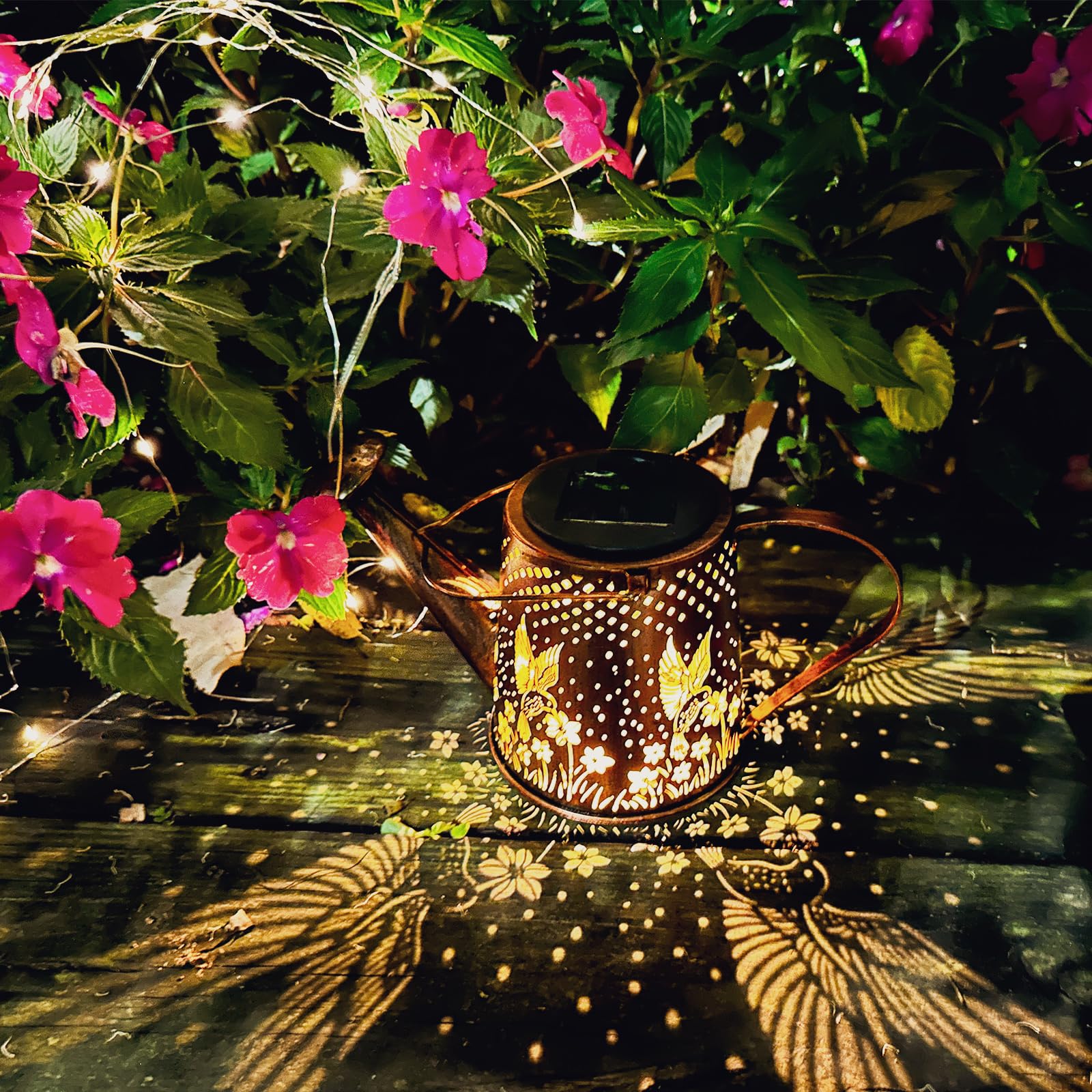 DIBIEECN Solar Watering Can Outdoor Light, Hummingbird Lantern, Metal, Waterproof, 32in Shepherd Hook