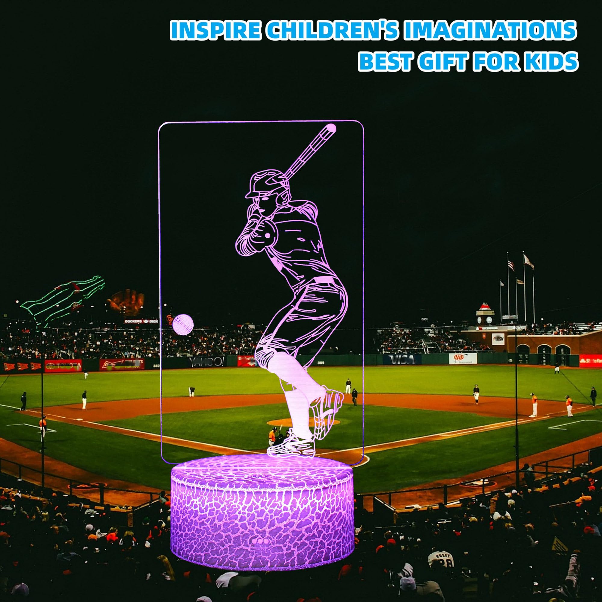 Kenmaca Baseball Player Night Light For Kids Bedroom, 3D Illusion Lamp, 3 Patterns 16 Colors Changing Dimmable Room Decor, Touch