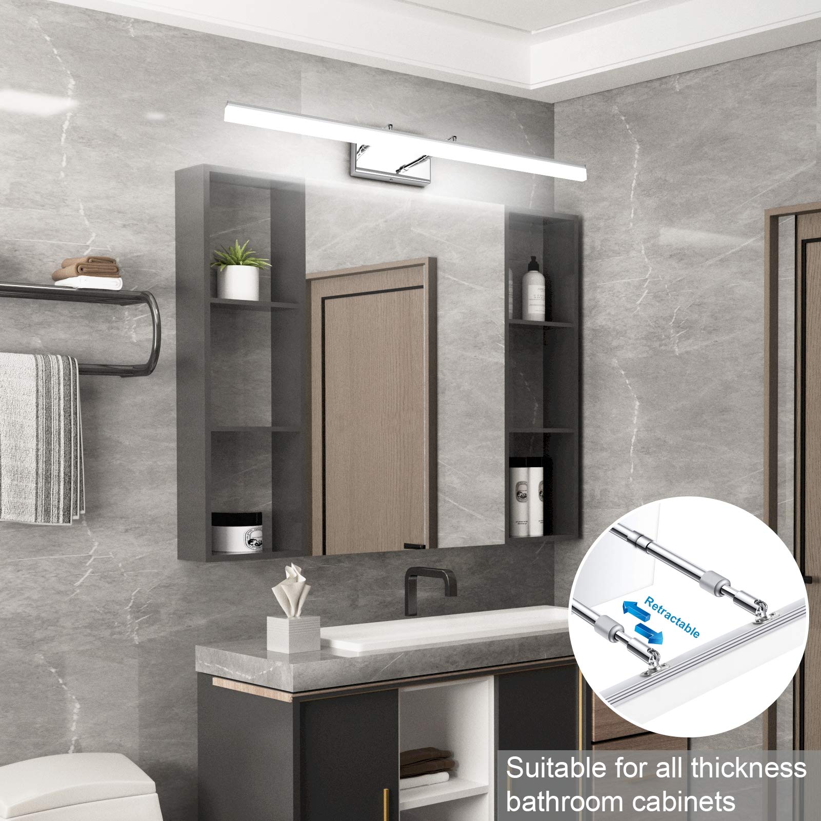 Aipsun 31.5" LED Vanity Light Fixture, Chrome Stainless Steel, Adjustable Bathroom Lighting, Model Ca-6480-80cm, 5500K