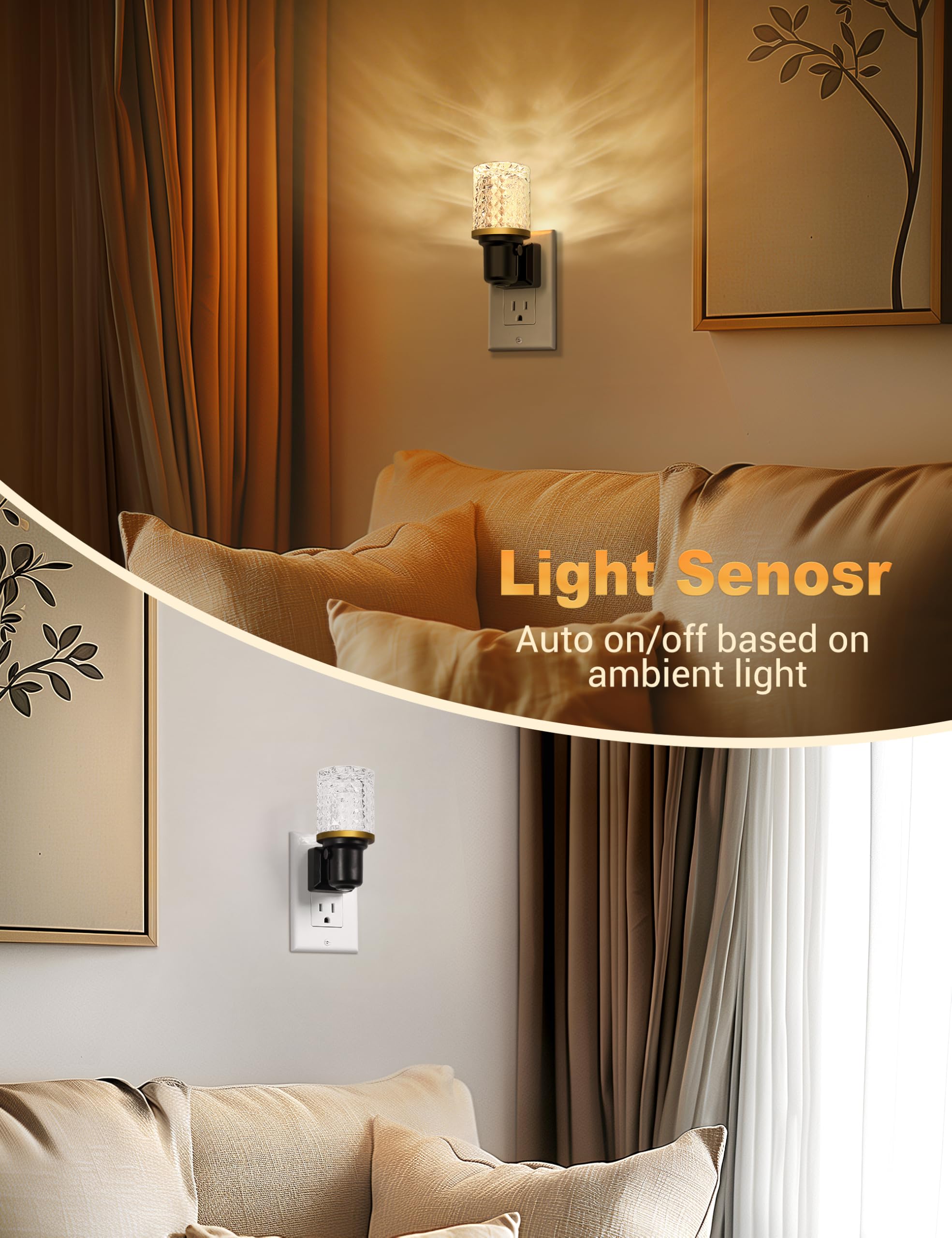 JandCase LED Night Light, Dimmable 3000K Soft White, 2 Pack, Warm Crystal, Auto On/Off Sensor, Model C-GY22004ZSUS-2