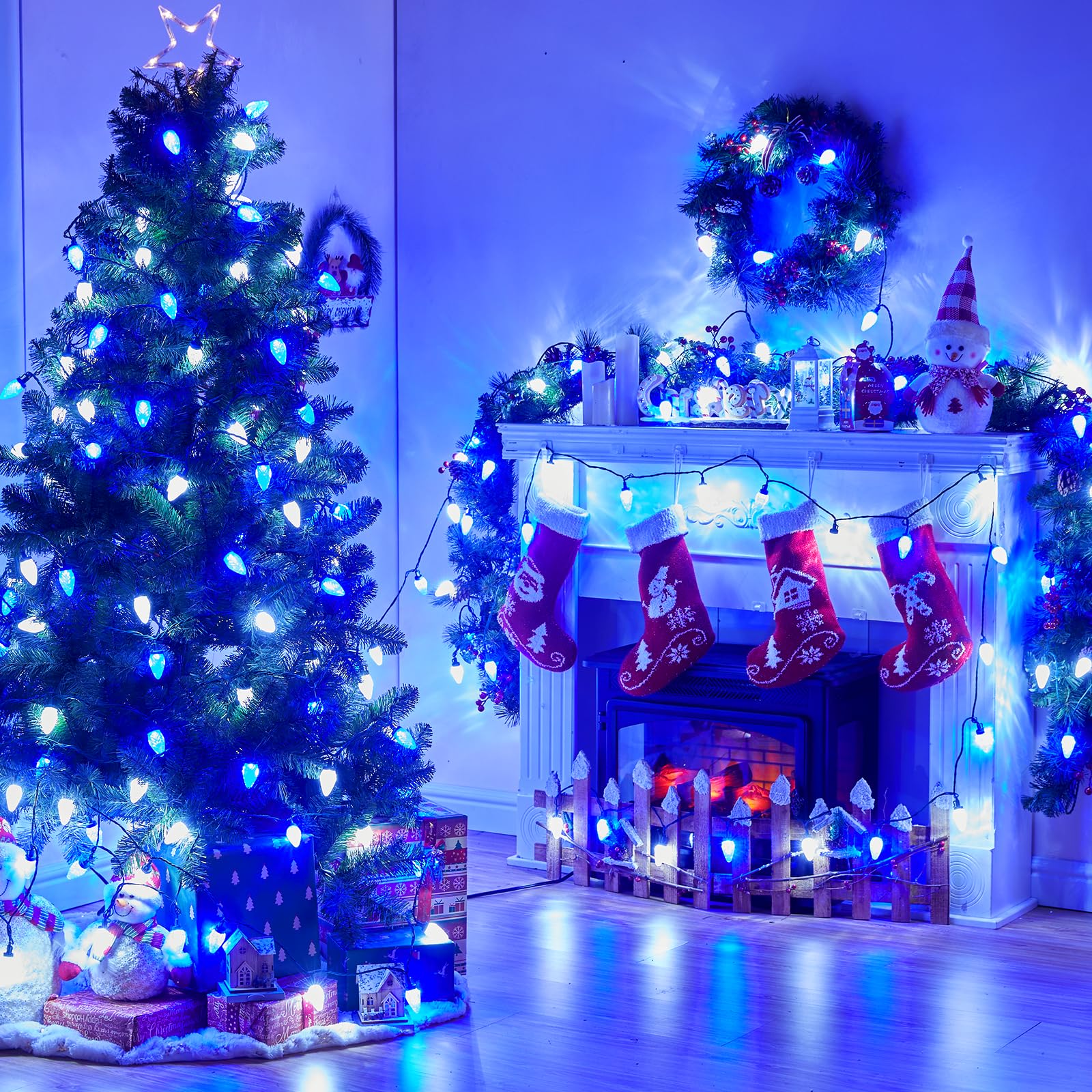 Minetom LED C9 Christmas Light Bulbs, 25 Pack, Dimmable, Blue and Pure White, Fits C9/E17 Base Sockets, Commercial Grade