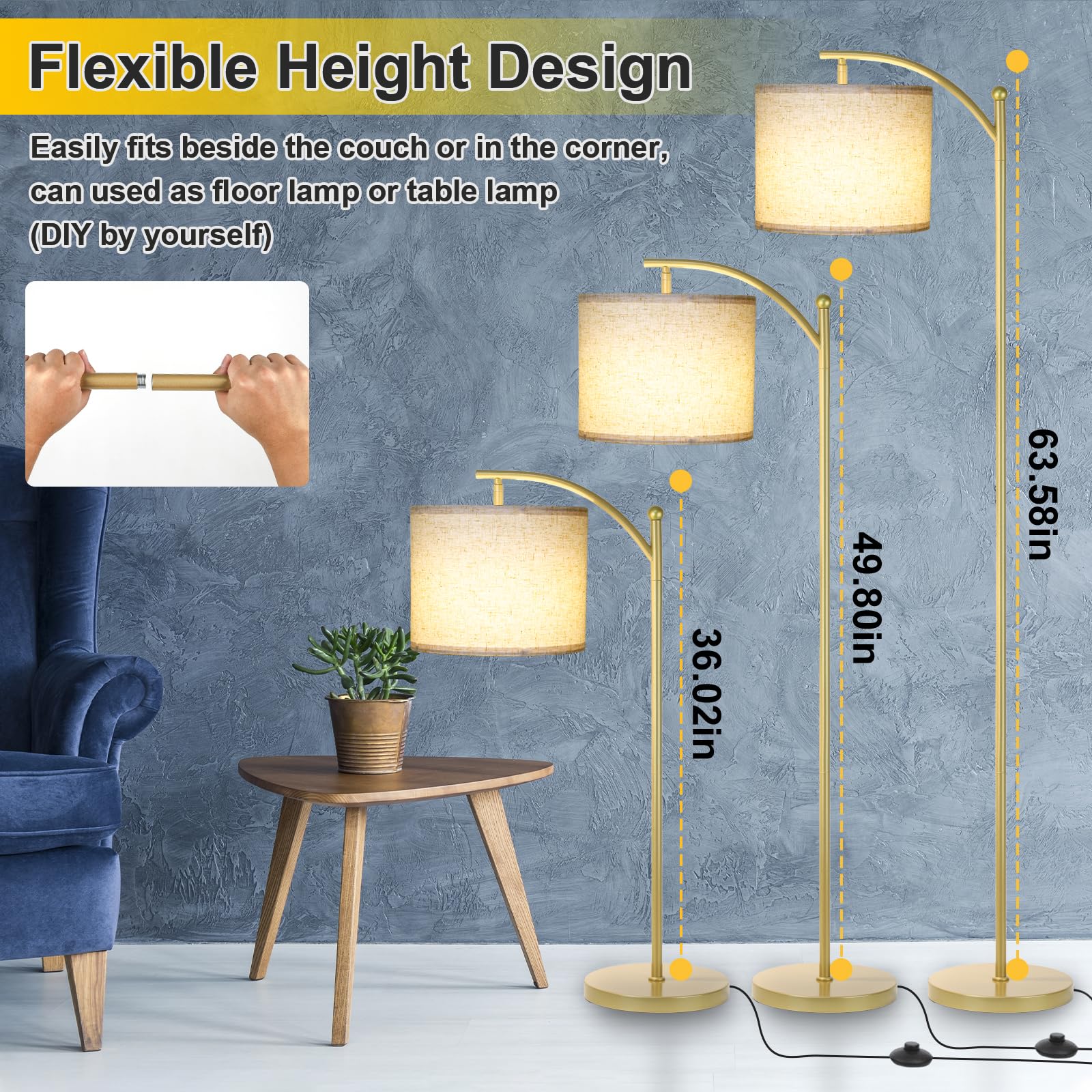 Floor Lamp For Living Room, Dimmable Standing Lamp Tall With Linen Shade Modern Floor Lamps Foot-Step Switch Reading Lamp For Li