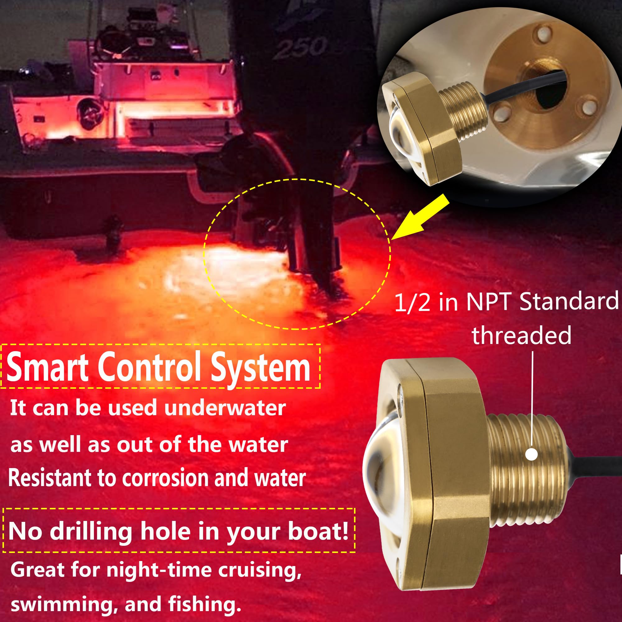 Kingshowstar Boat Drain Plug Light, IP68 Waterproof, 40W, 4100LM, 1/2in NPT, Red, Model KS-R1, Smart Cooling System, RF
