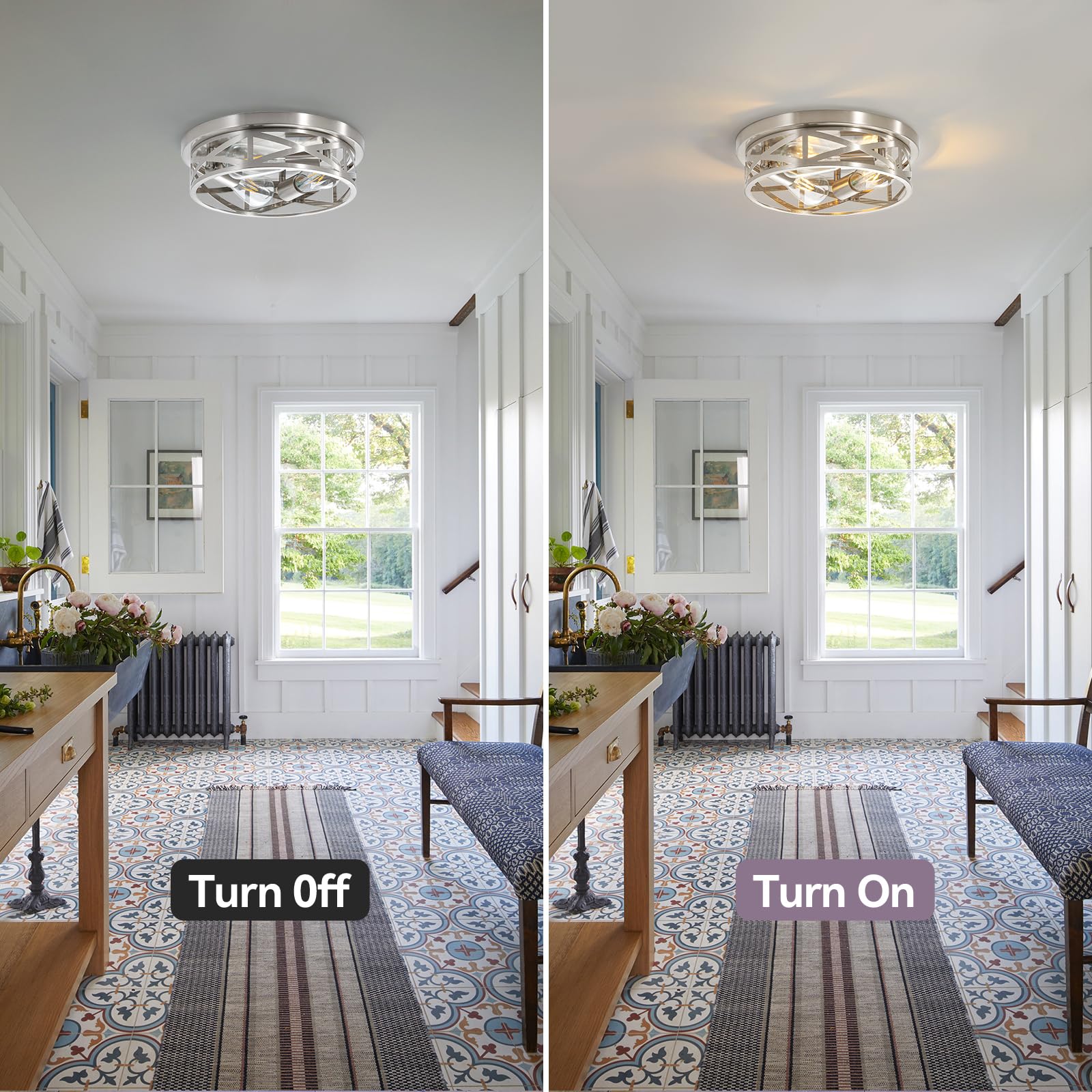 13 Inch Brushed Nickel Flush Mount Ceiling Light Fixtures,3-Light Industrial Farmhouse Ceiling Light Fixture,Brushed Nickel Ligh