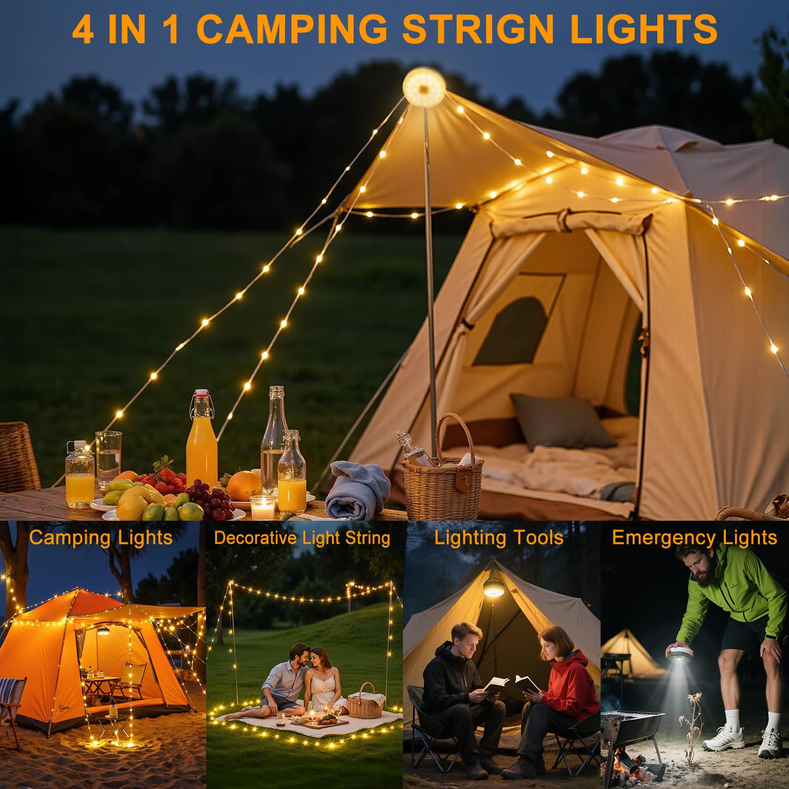 Camping String Lights, 4 in 1 Portable Camping Lights Rechargeable with 8 Lighting Modes, Remote Control, Quick Storage, 33FT Wa