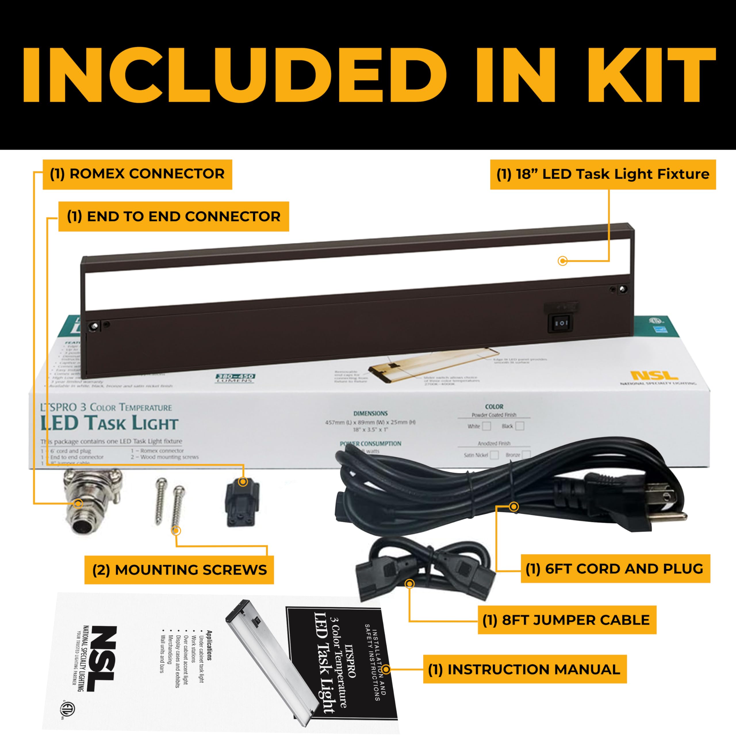 NSL LED Under Cabinet Lighting, Dimmable, 3 Color Temp, 18 Inch, Bronze Finish, Model LTSPRO-18-BZ