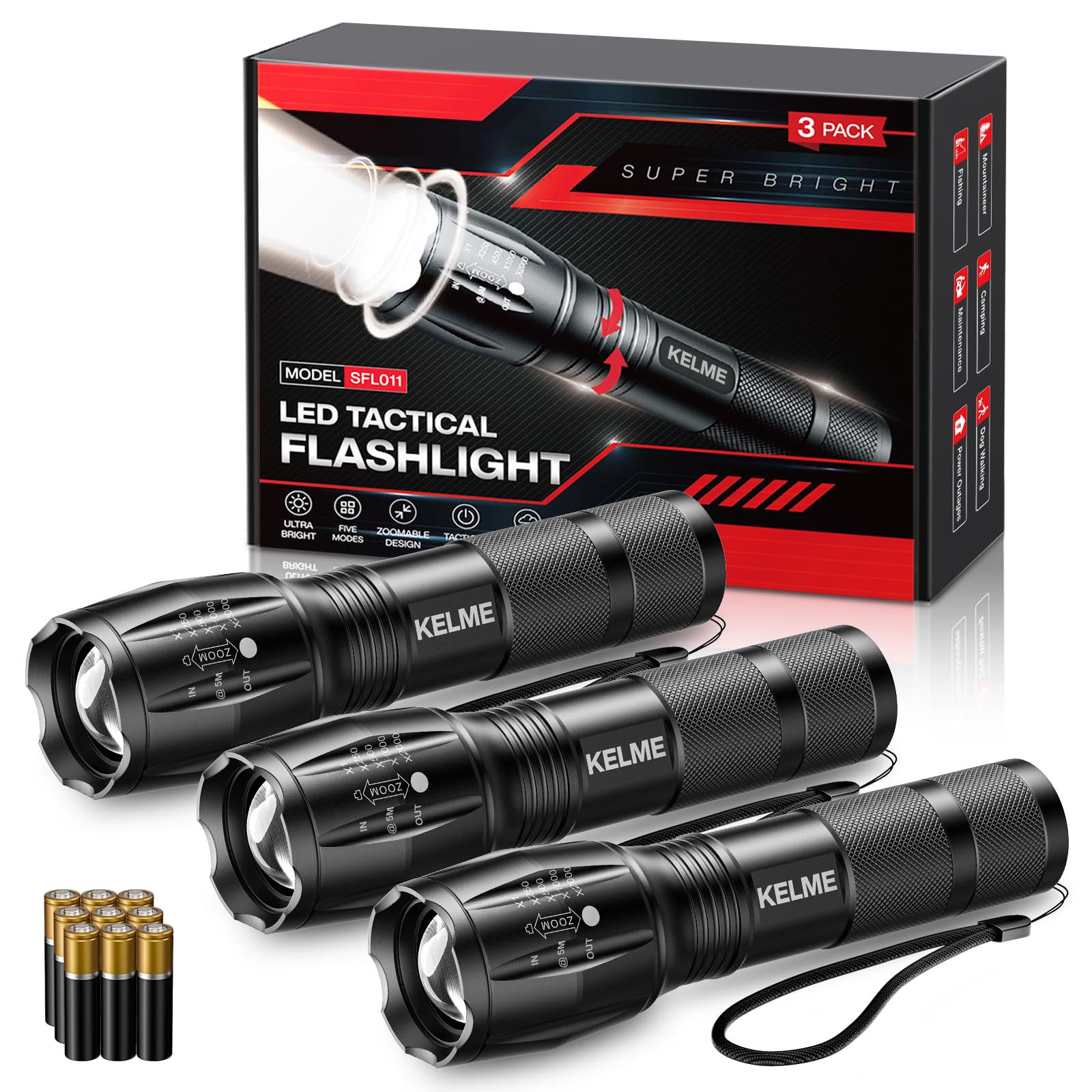 Kelme 3 Pack Flashlights High Lumens, Powerful Tactical Flashlights With 5 Modes, Zoomable Small Led Flashlight Waterproof Handh