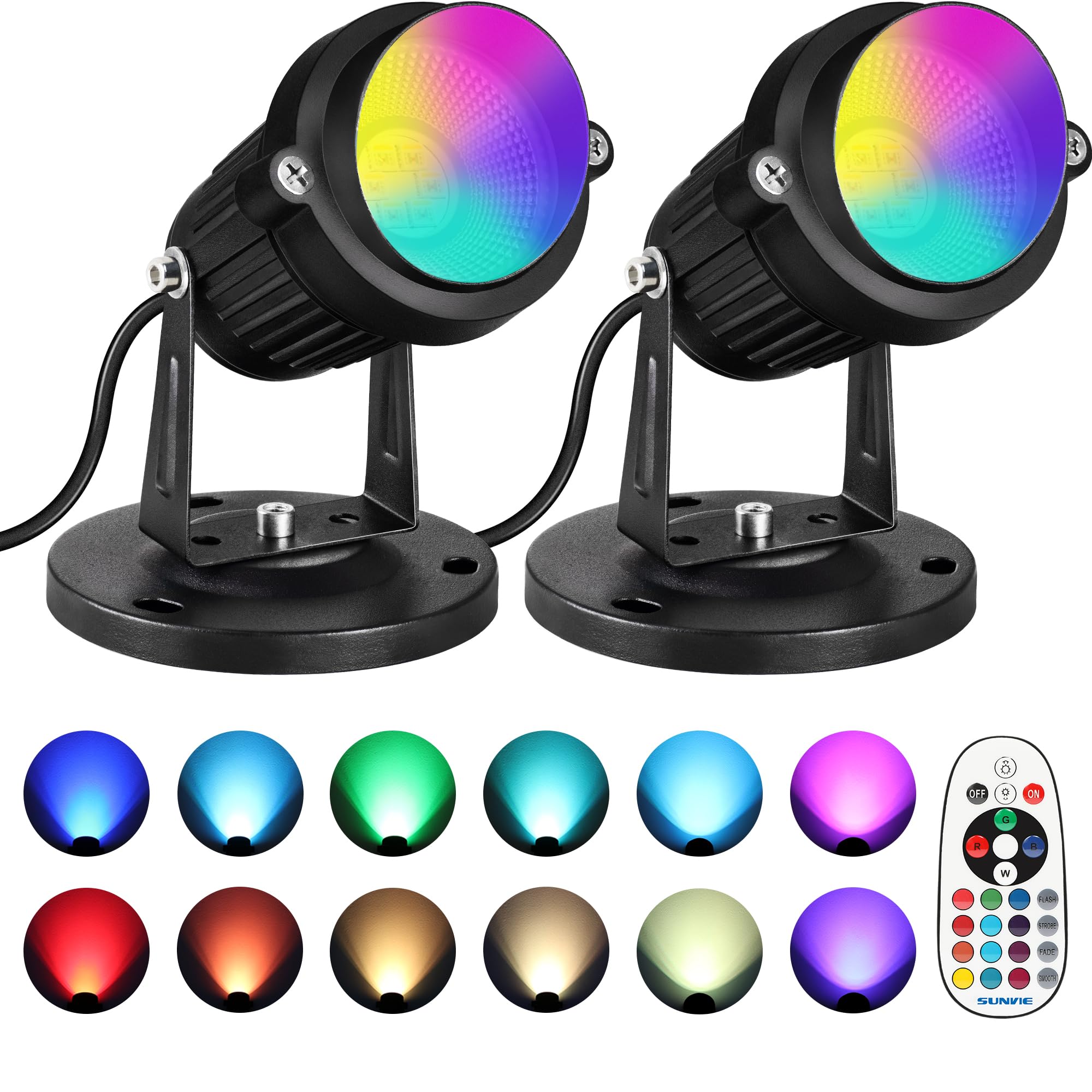 SUNVIE RGBW Christmas Spot Lights, 6W Indoor Uplighting with Remote, Black, Model SHRS0502, 2 Pack